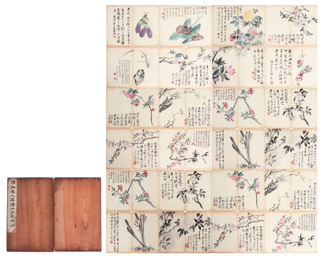 A CHINESE PAINTINGS ALBUM SIGNED SHITAO: A CHINESE PAINTINGS ALBUM SIGNED SHITAO Painting depicting plants, album leaves, mounted, ink and color on paper, inscribed and signed Shitao, with with seals of artist. Dimension: Image only size 35