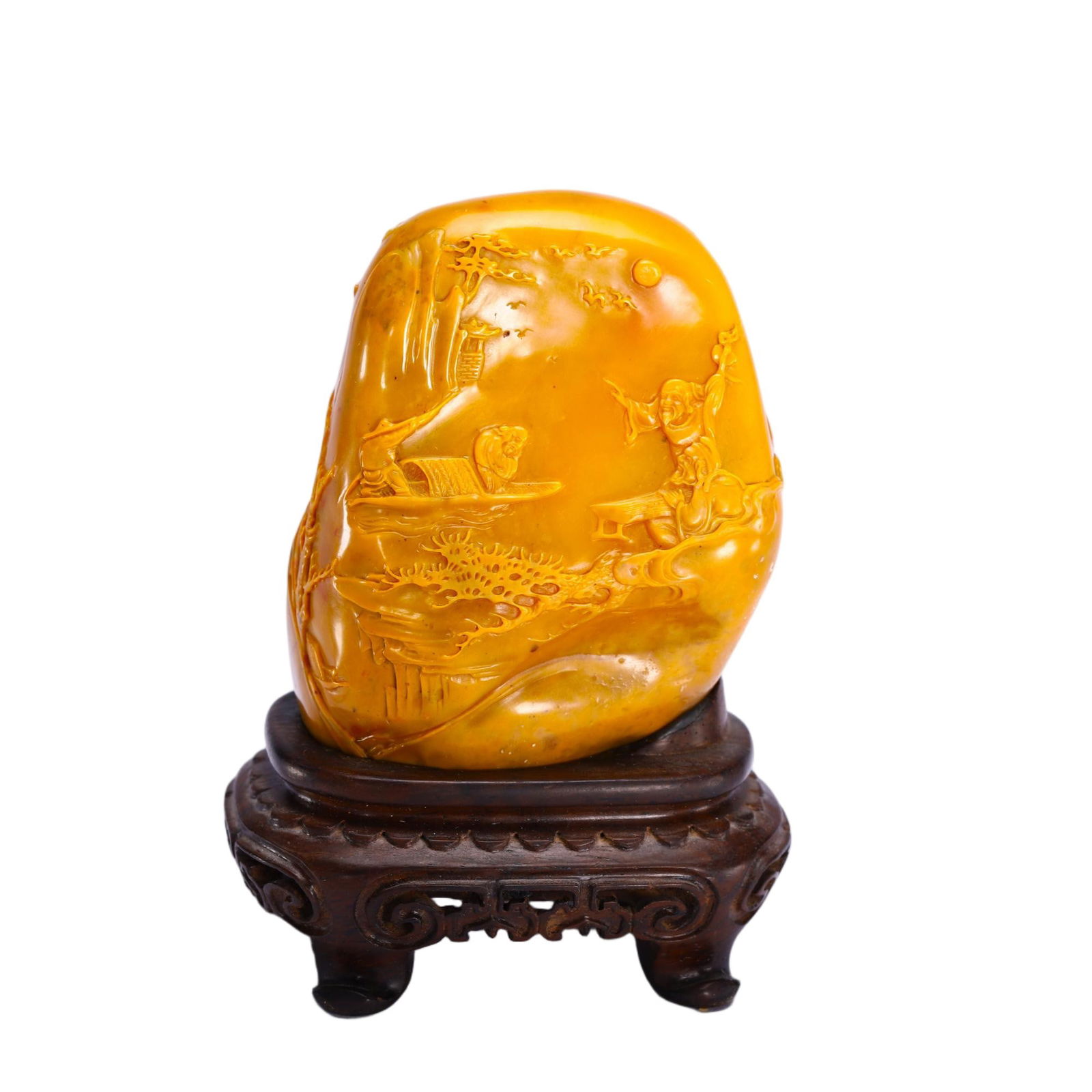 A CARVE TIANHUANG BOULDER: A CARVE TIANHUANG BOULDER Of irregular shape, carved boating along river, the stone is of rich amber tone. Dimension: L. 7 cm. W. 5 cm. H. 11 cm. Weight 340 grams.