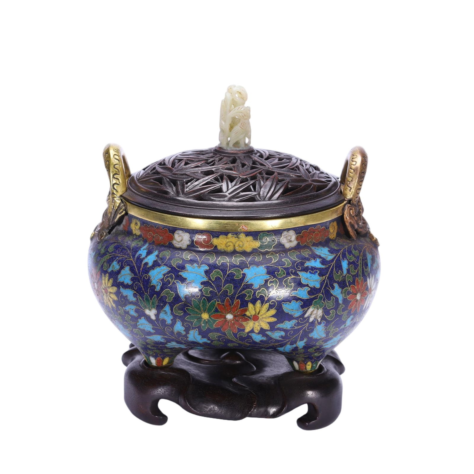 A CLOISONNE ENAMEL TRIPOD CENSER: A CLOISONNE ENAMEL TRIPOD CENSER Supported on three short feet, surmounted with pair upright handles, decorated with flowers against turquoise ground. Dimension: Diam. 16.5 cm. H. 17.5 cm