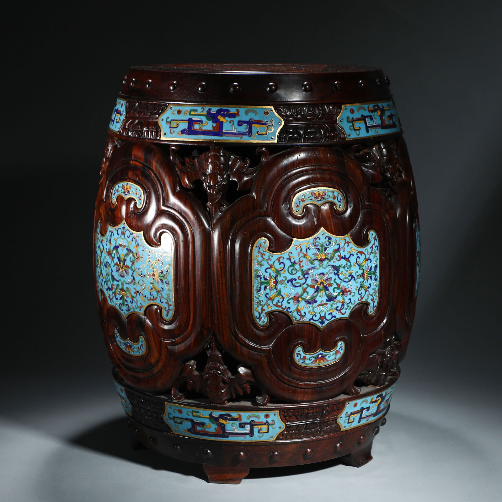 A CLOISONNE ENAMEL PANELS INLAID ANNATTO WOOD GARDEN STOOL (1 of 8)