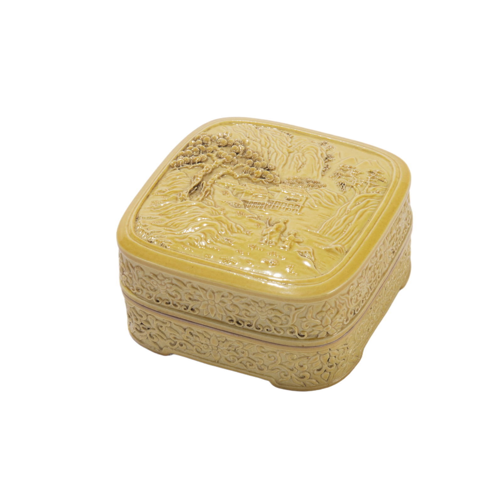 A CHINESE YELLOW GLAZED PORCELAIN SQUARE BOX WITH COVER (1 of 7)