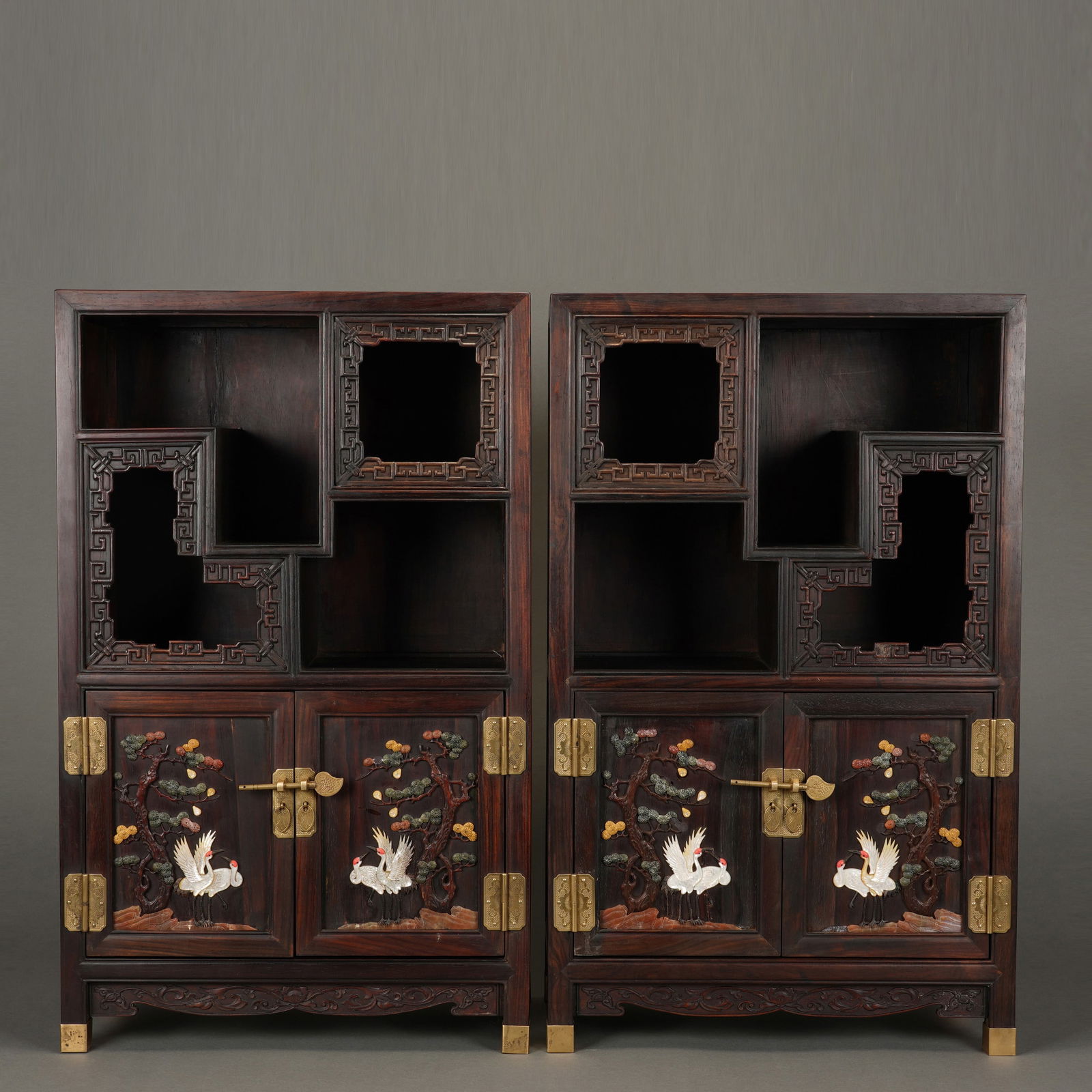 PAIR CARVED HARDSTONES INLAID ROSEWOOD ZITAN CABINETS (1 of 13)
