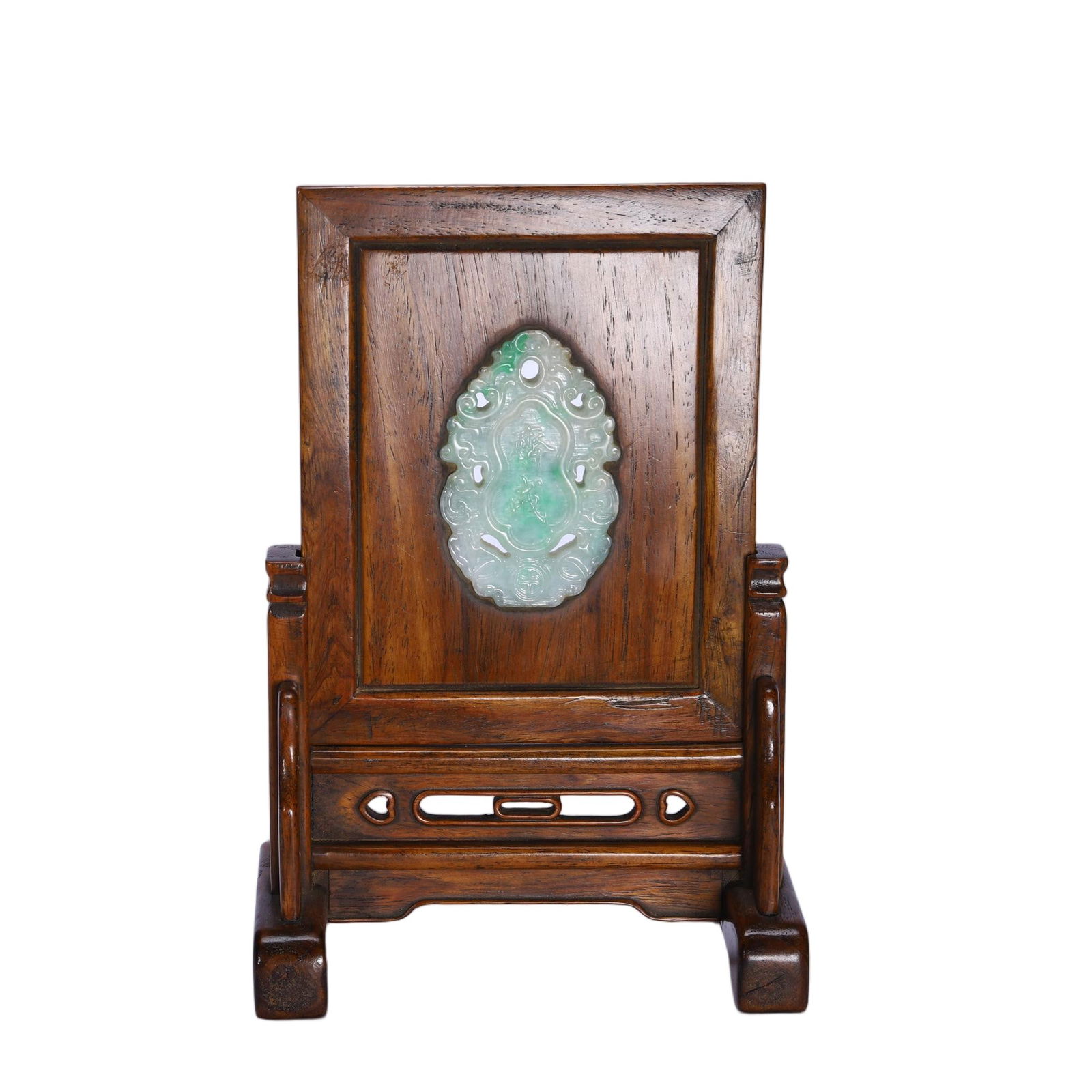 A CARVED JADEITE INLAID HUANGHUALI TABLE SCREEN (1 of 9)
