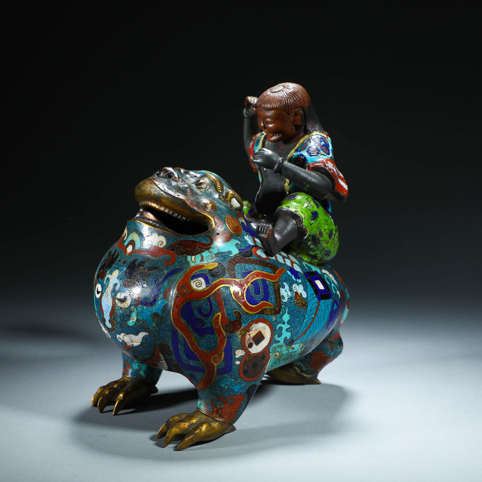 A CLOISONNE ENAMEL LIUHAI WITH GOLDEN FROG INCENSE BURNER (1 of 8)