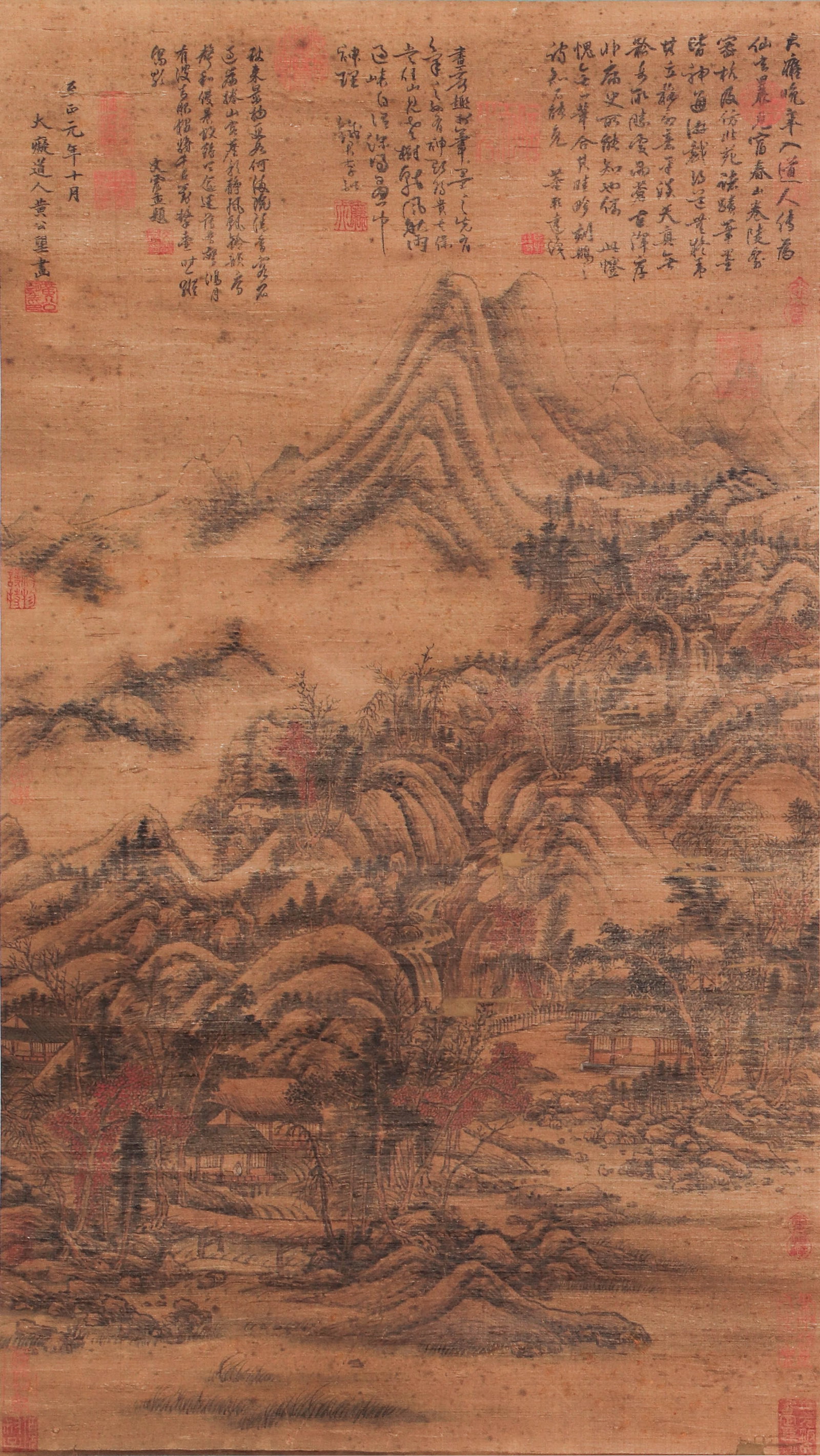 A CHINESE PAINTING OF HUT IN WOOD SIGNED HUANG GONGWANG (1 of 8)