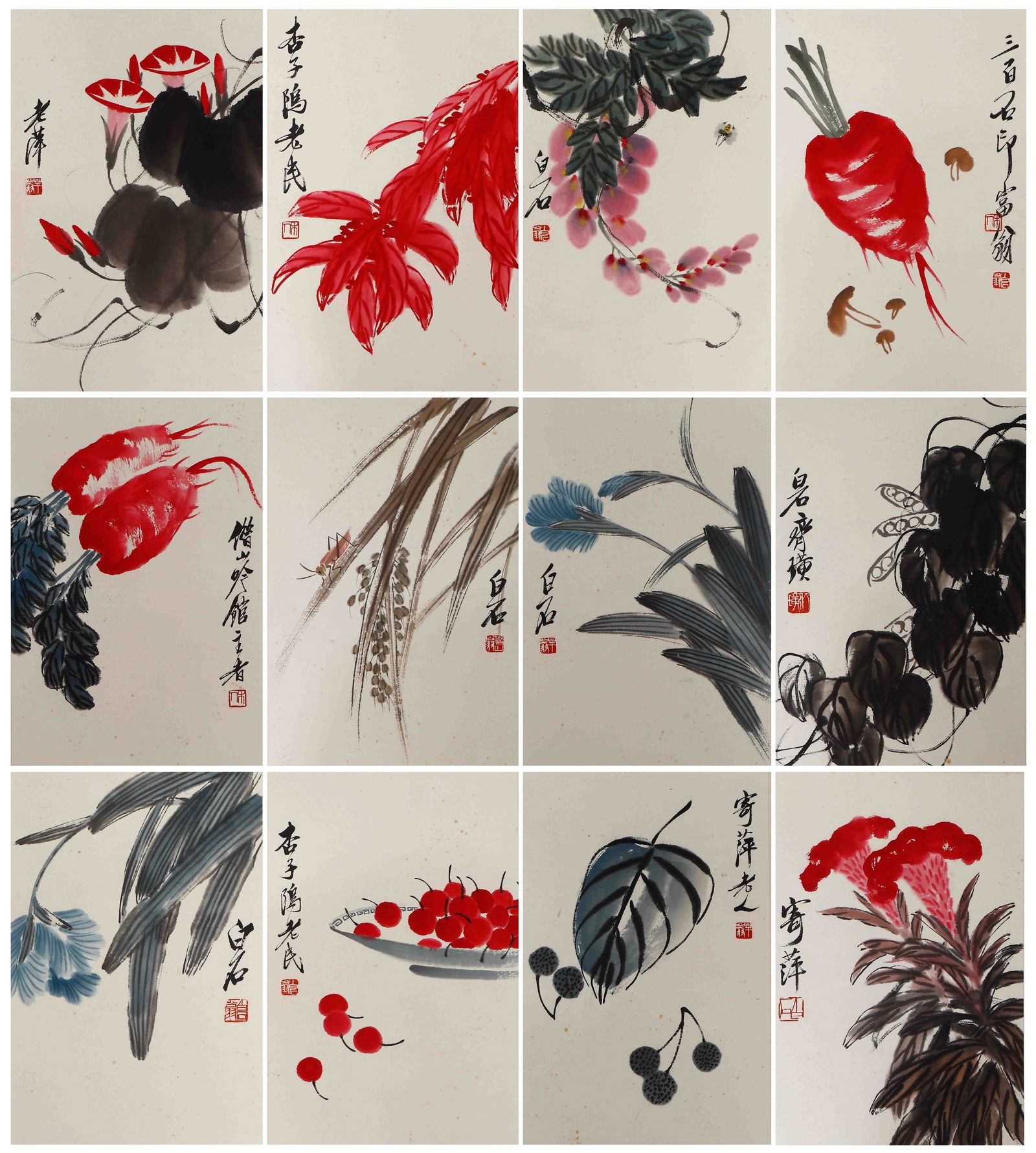 A CHINESE PAINTINGS OF VEGGIES SIGNED QI BAISHI: A CHINESE PAINTINGS OF VEGGIES SIGNED QI BAISHI Painting depicting veggies, album leaves, ink and color on paper, inscribed and signed Qi Baishi, with seals of artist. Dimension: Single page size 37 c