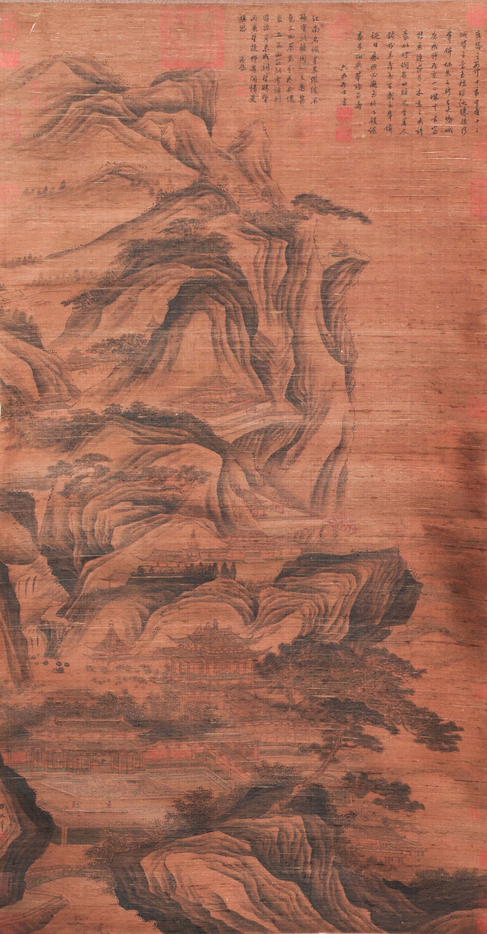 A CHINESE PAINTING OF OVERLOOKING LANDSCAPE SIGNED GUOXI: A CHINESE PAINTING OF OVERLOOKING LANDSCAPE SIGNED GUOXI Painting depicting overlooking landscape, hanging scroll, ink and color on paper, inscribed and signed Guoxi, with seals of artist and collecto