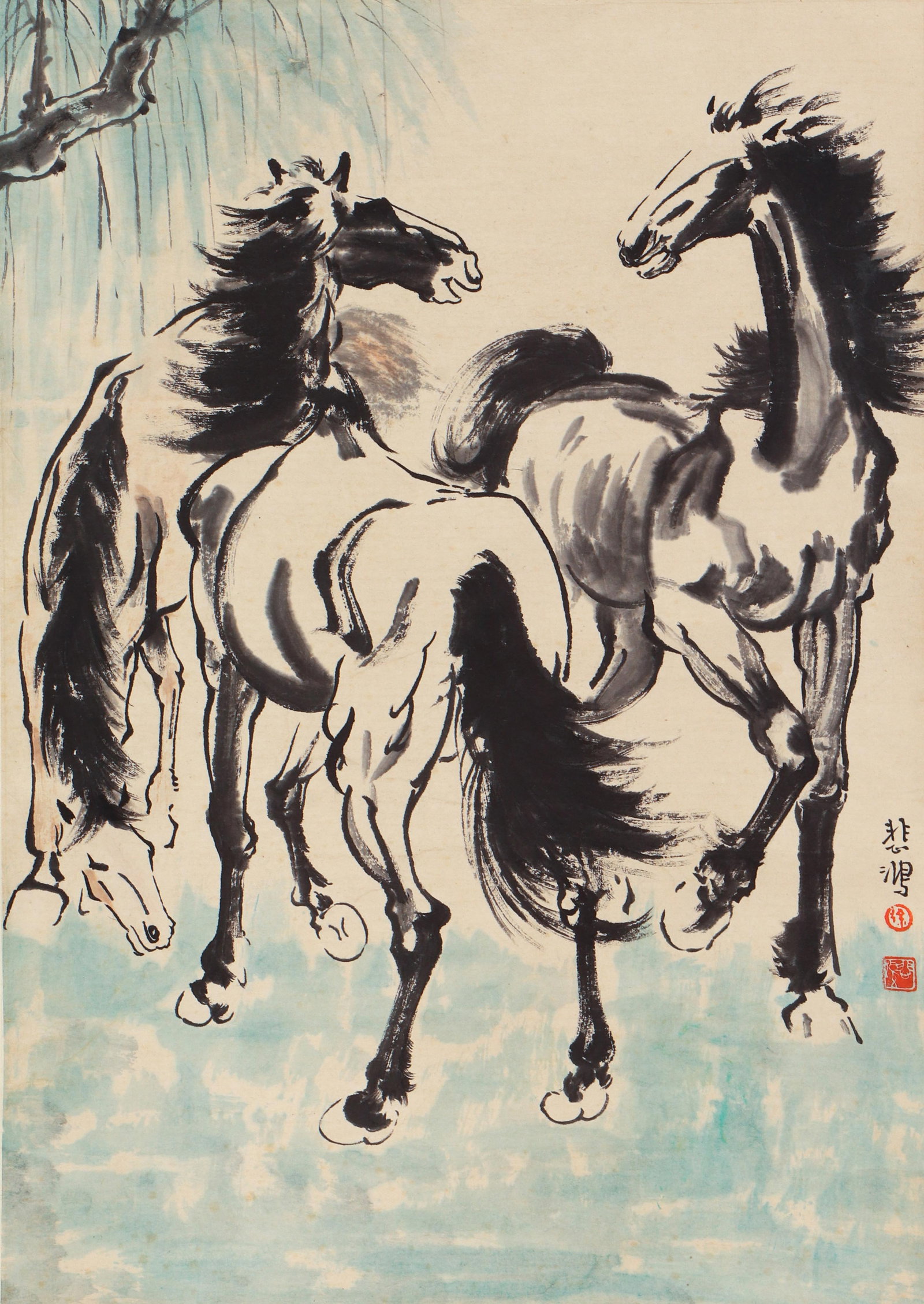 A CHINESE PAINTING OF HORSES SIGNED XU BEIHONG (1 of 5)