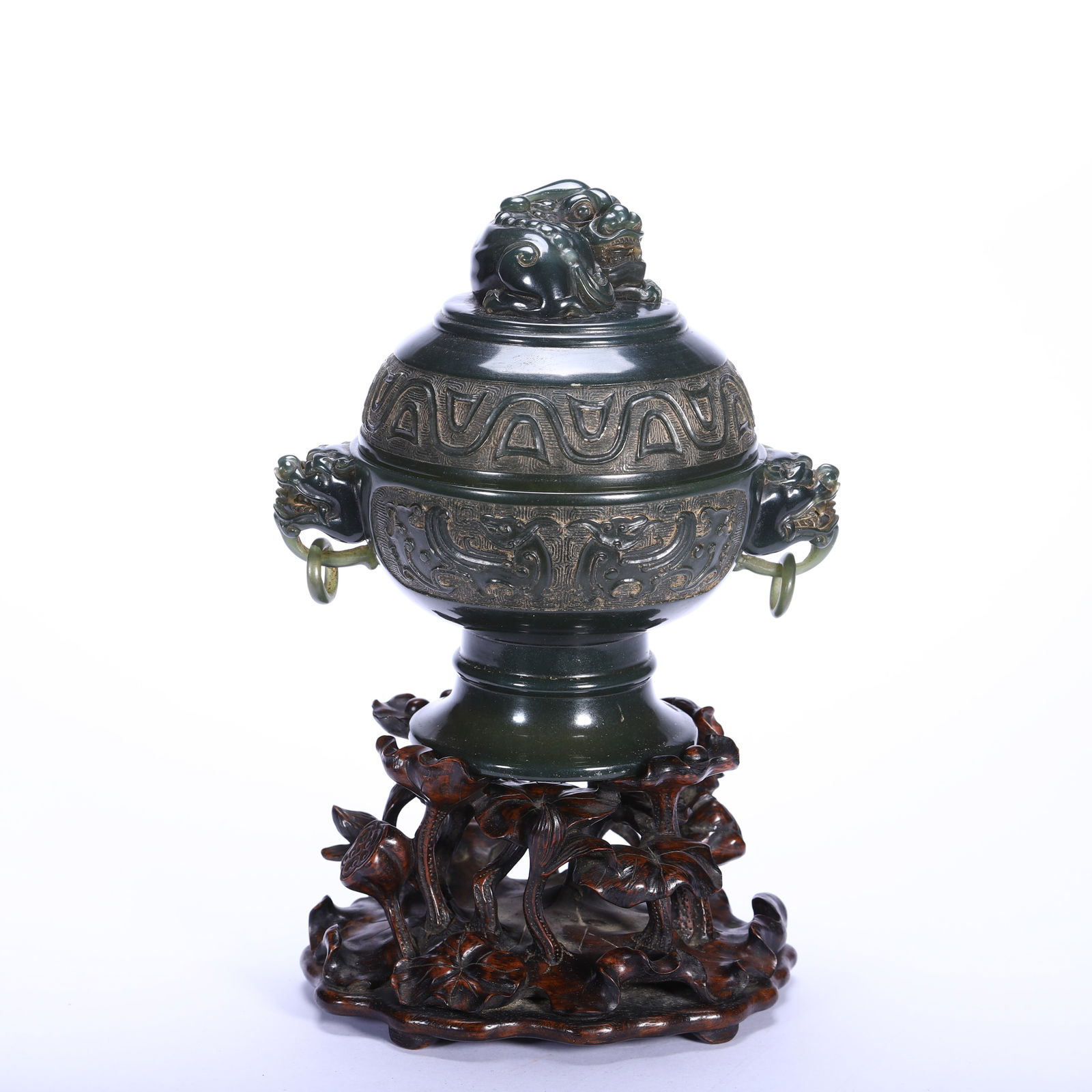 A CHINESE ARCHAISTIC CARVED JADE INCENSE BURNER WITH COVER (1 of 9)