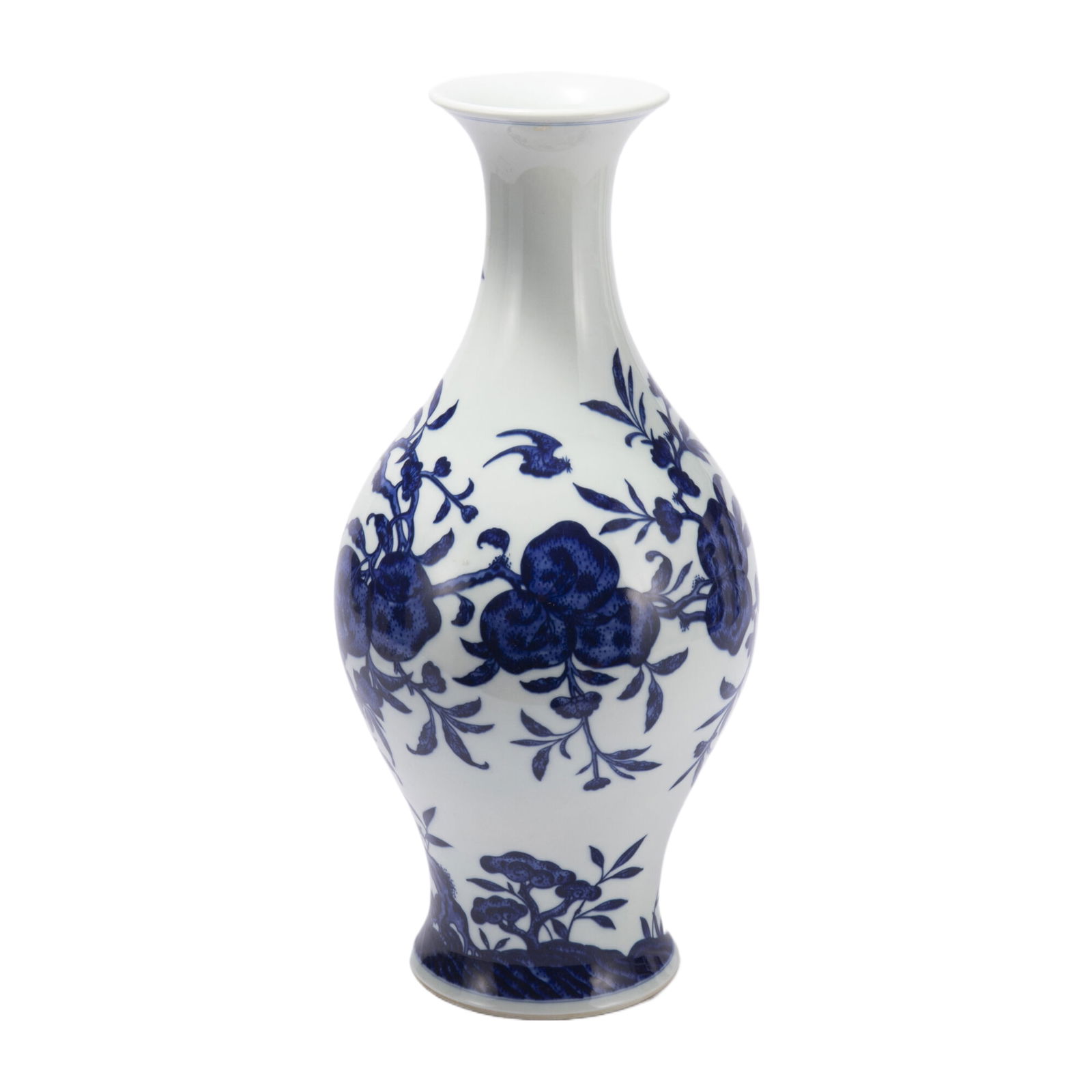 A BLUE AND WHITE PORCELAIN VASE: A BLUE AND WHITE PORCELAIN VASE The ovoid body finely potted with tapering sides, the sloping shoulders rising to a waisted neck and a flaring mouth, covered in cobalt blue and painted with peach bran