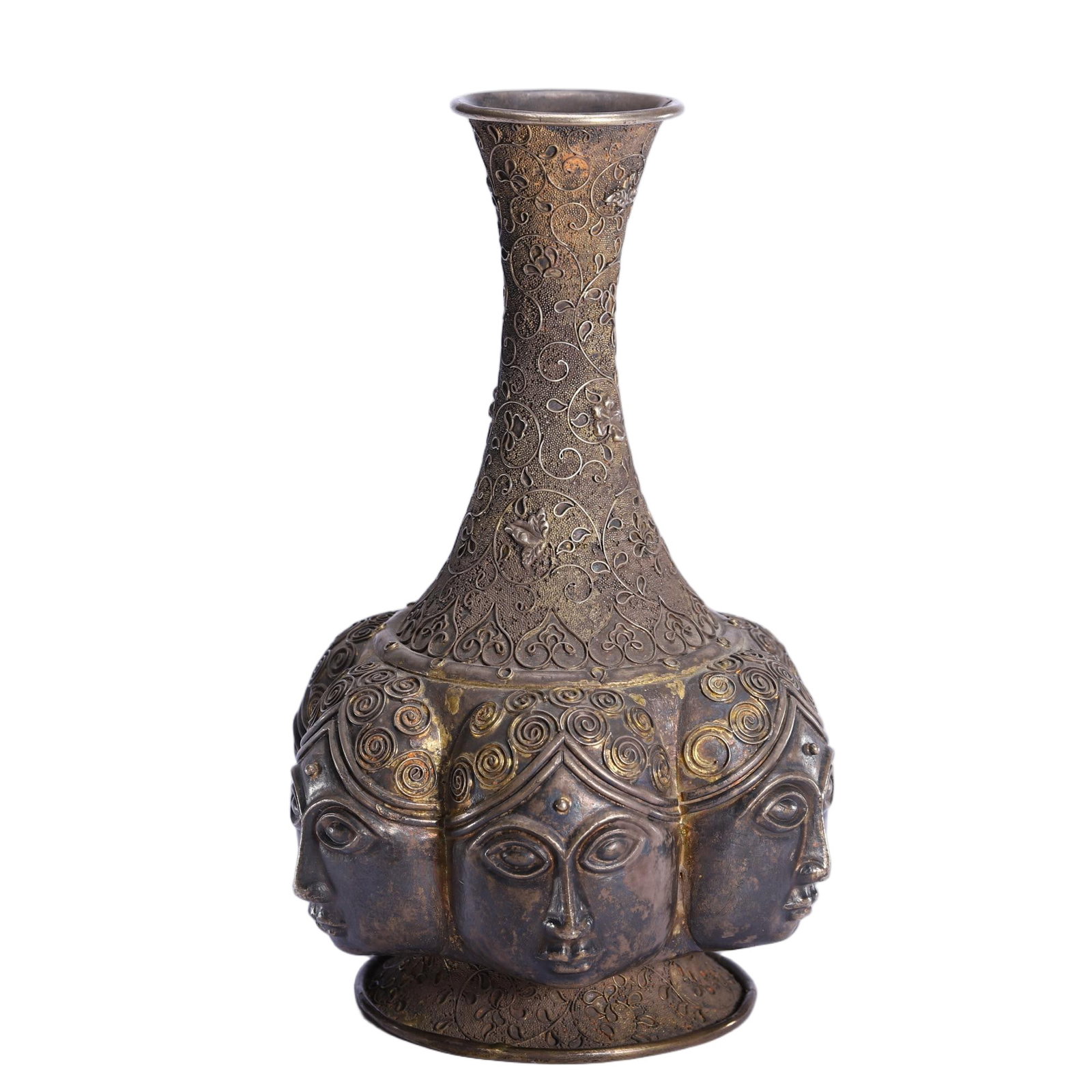 A SILVER-GILT FIGUTAL MASK VASE: A SILVER-GILT FIGUTAL MASK VASE Finely weaved in filigree, with surface oxidize marks. Dimension: L. 11.5 cm. W. 11.5 cm. H. 19 cm. Weight 530 grams.