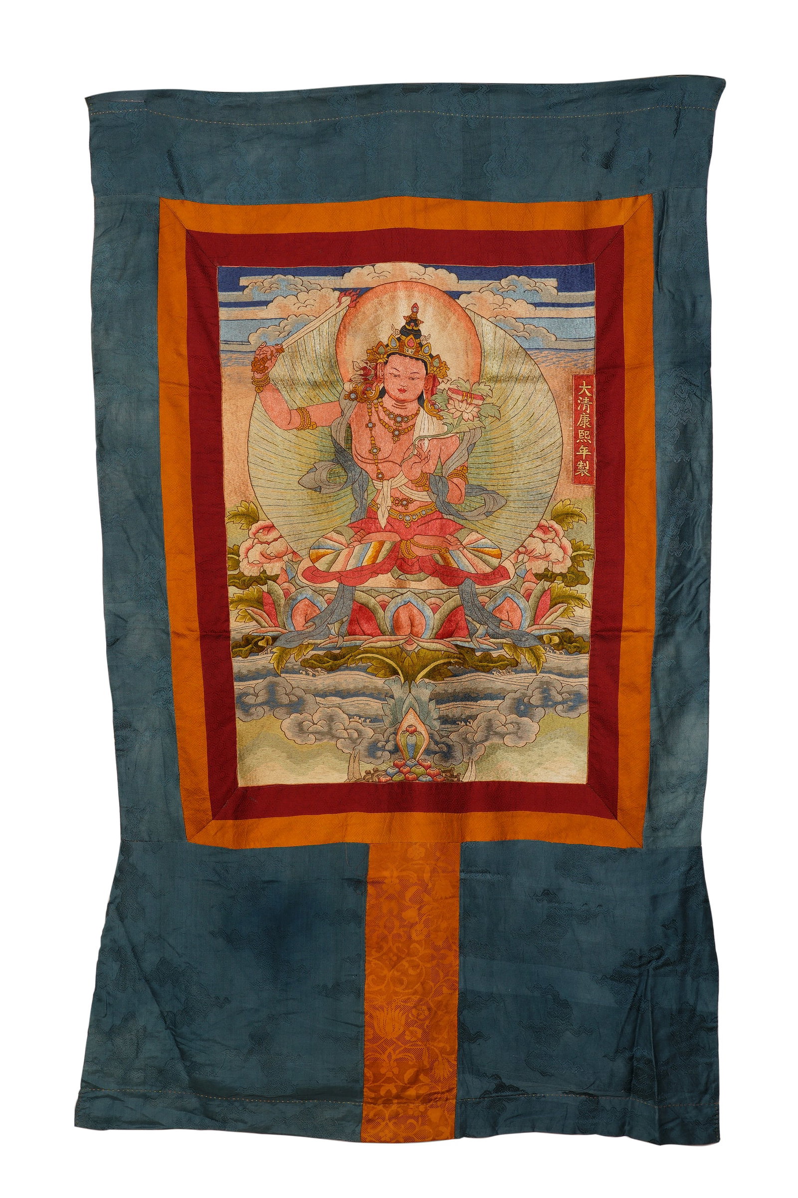 A CHINESE EMBROIDERED MANJUSHRI THANGKA (1 of 6)