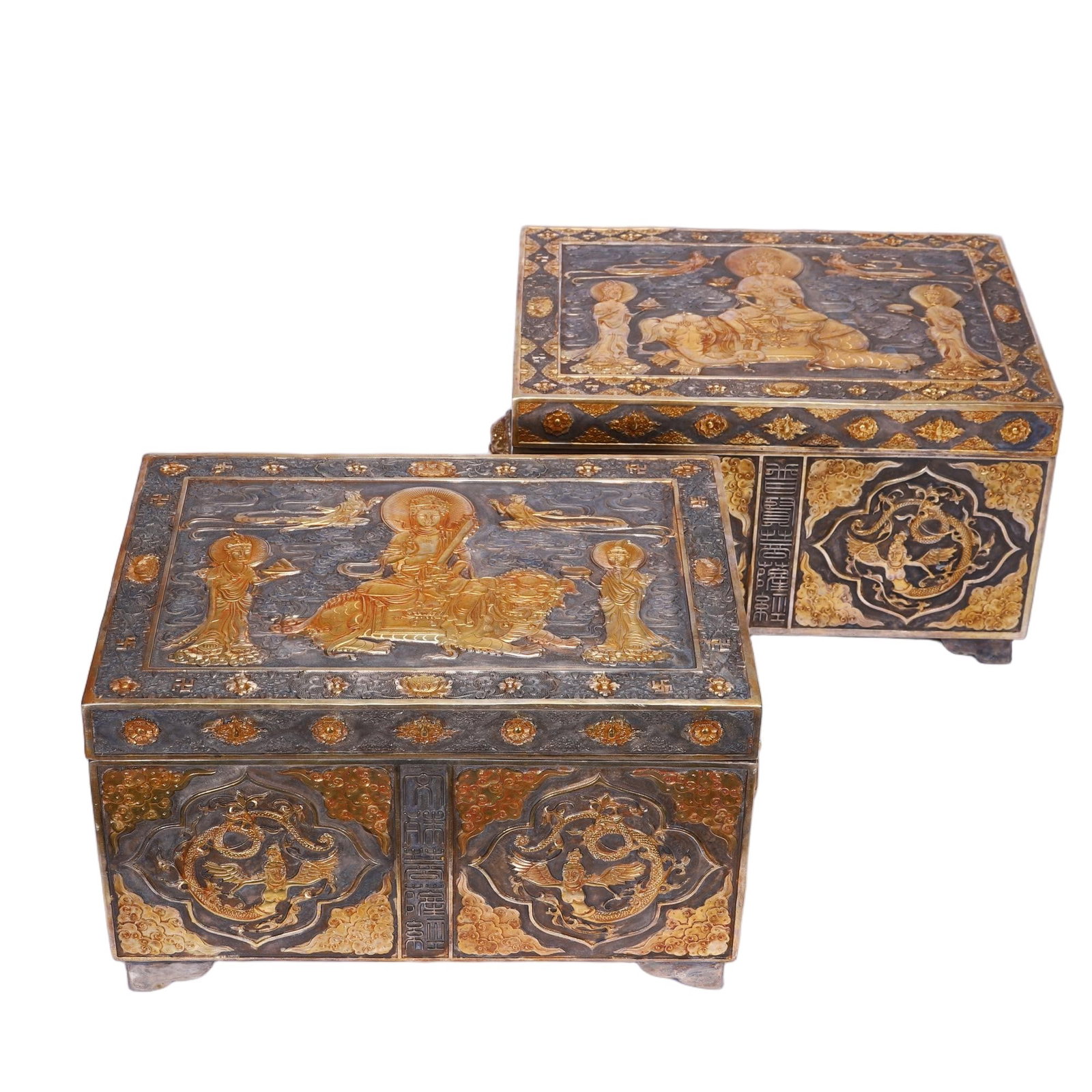 A PAIR OF CHINESE GILT-BRONZE SCRIPTURE BOXES (1 of 9)