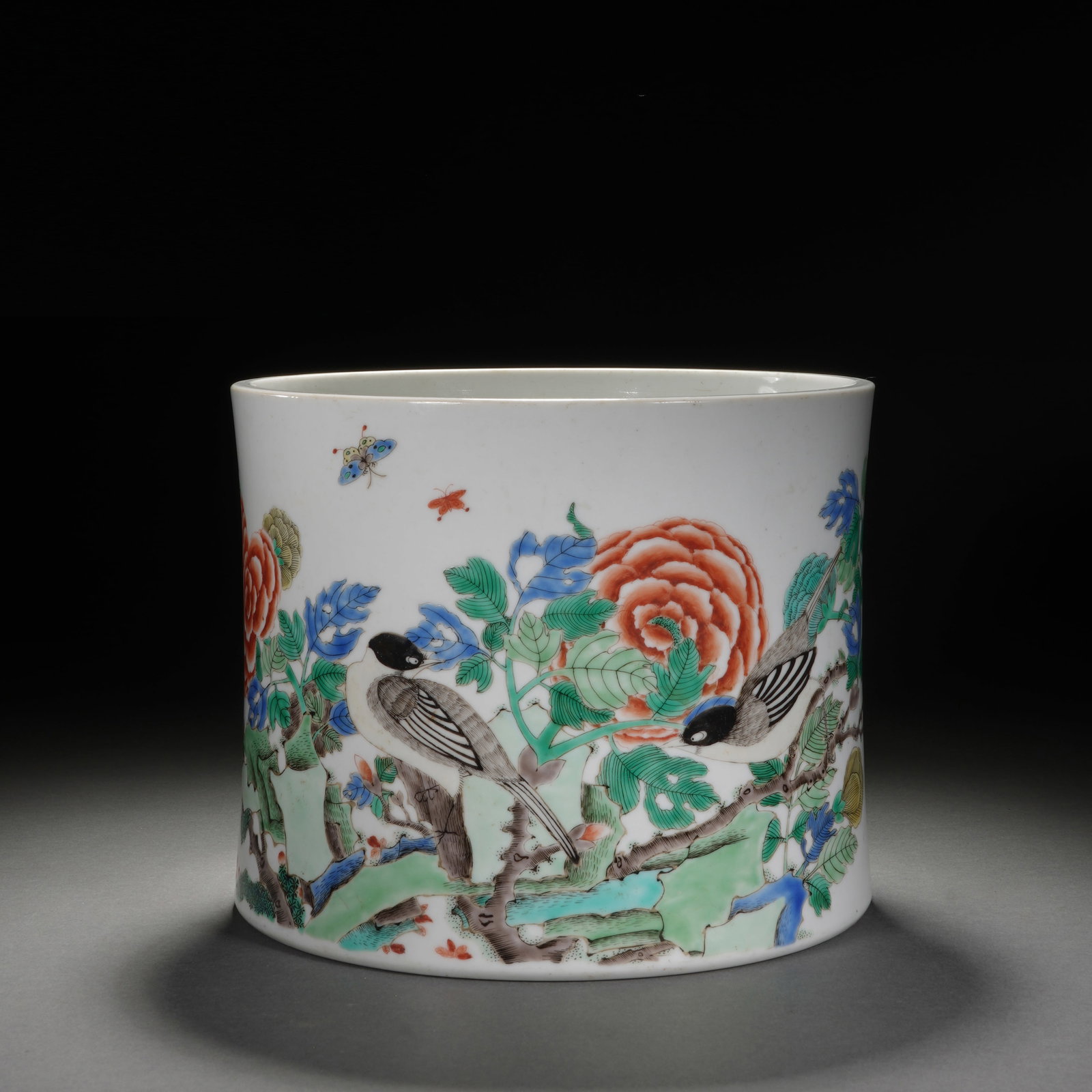 A CHINESE WUCAI BIRD & FLOWER BRUSH POT (1 of 8)