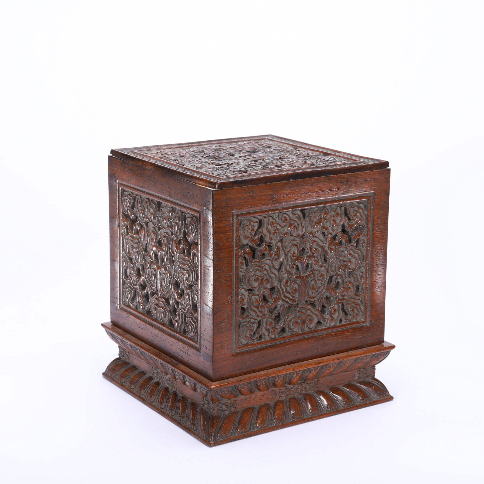 CHINESE HUANGHUALI WOOD SEAL BOX WITH DRAGON MEDALLIONS: CHINESE HUANGHUALI WOOD SEAL BOX WITH DRAGON MEDALLIONS A Chinese huanghuali wood seal box, measuring 13 cm in length, 13 cm in width, and 14.5 cm in height. Crafted from rich, warm-toned huanghuali w