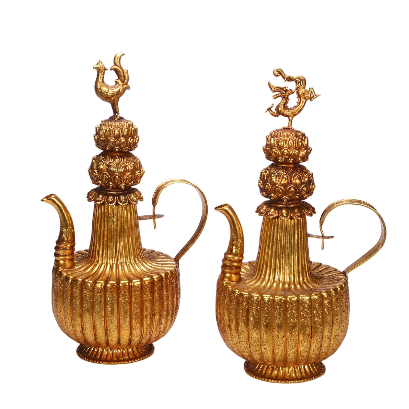 PAIR OF CHINESE GILT-BRONZE DRAGON & PHOENIX EWERS (1 of 9)