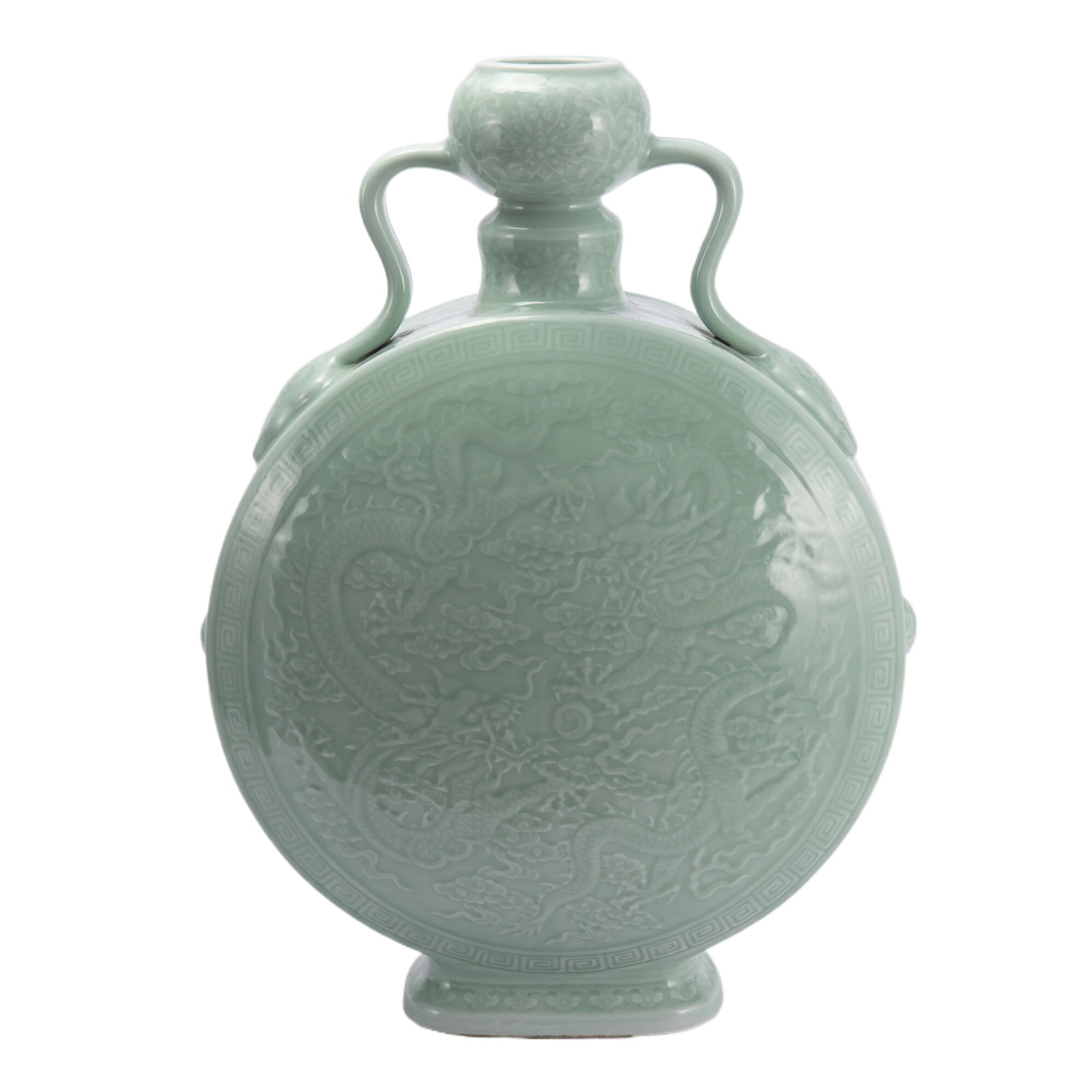 A CHINESE CELADON GLAZED PORCELAIN DOUBLE HANDLE MOON FLASK VASE/QING DYNASTY (1 of 10)