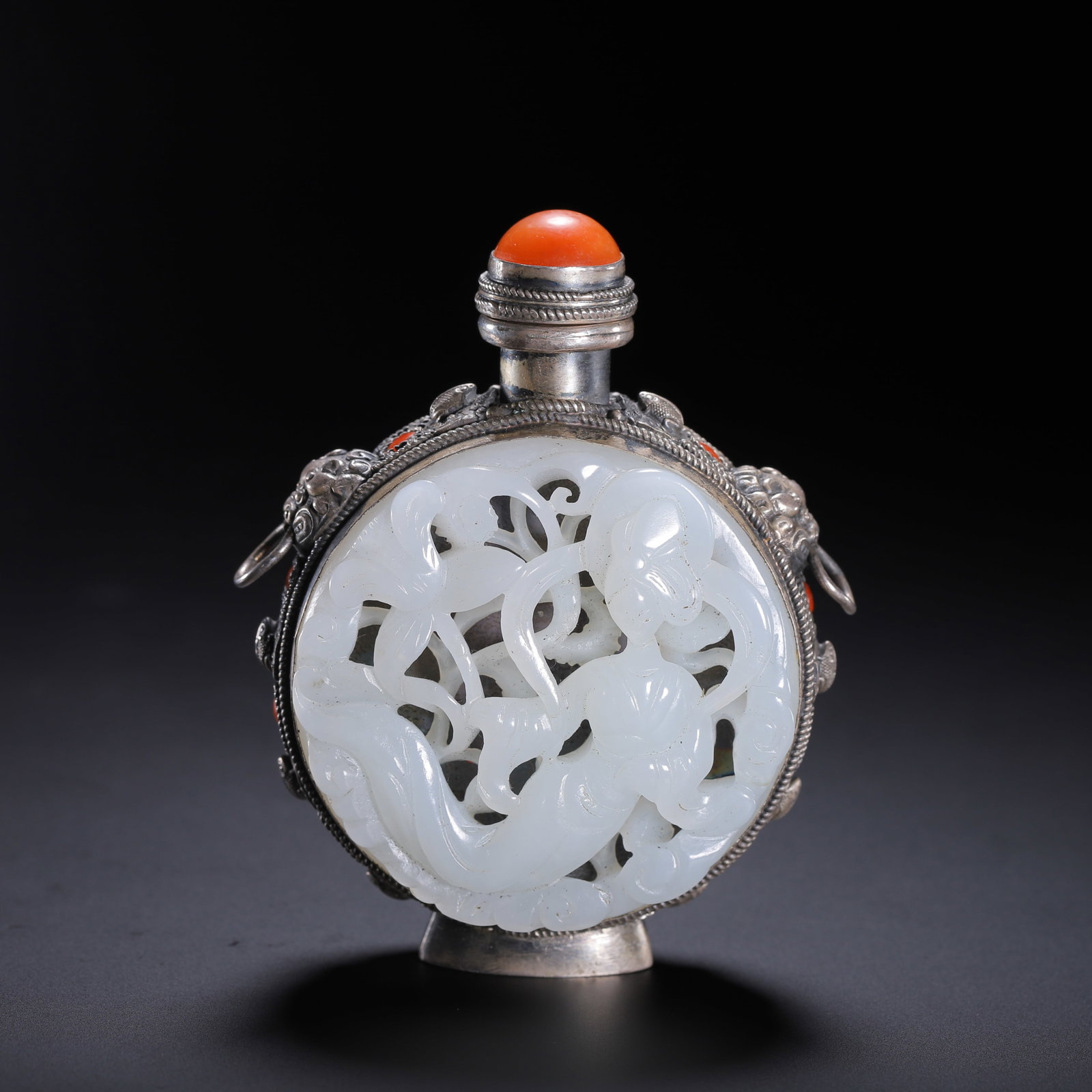 CHINESE SILVER INLAID HETIAN JADE SNUFF BOTTLE (1 of 9)