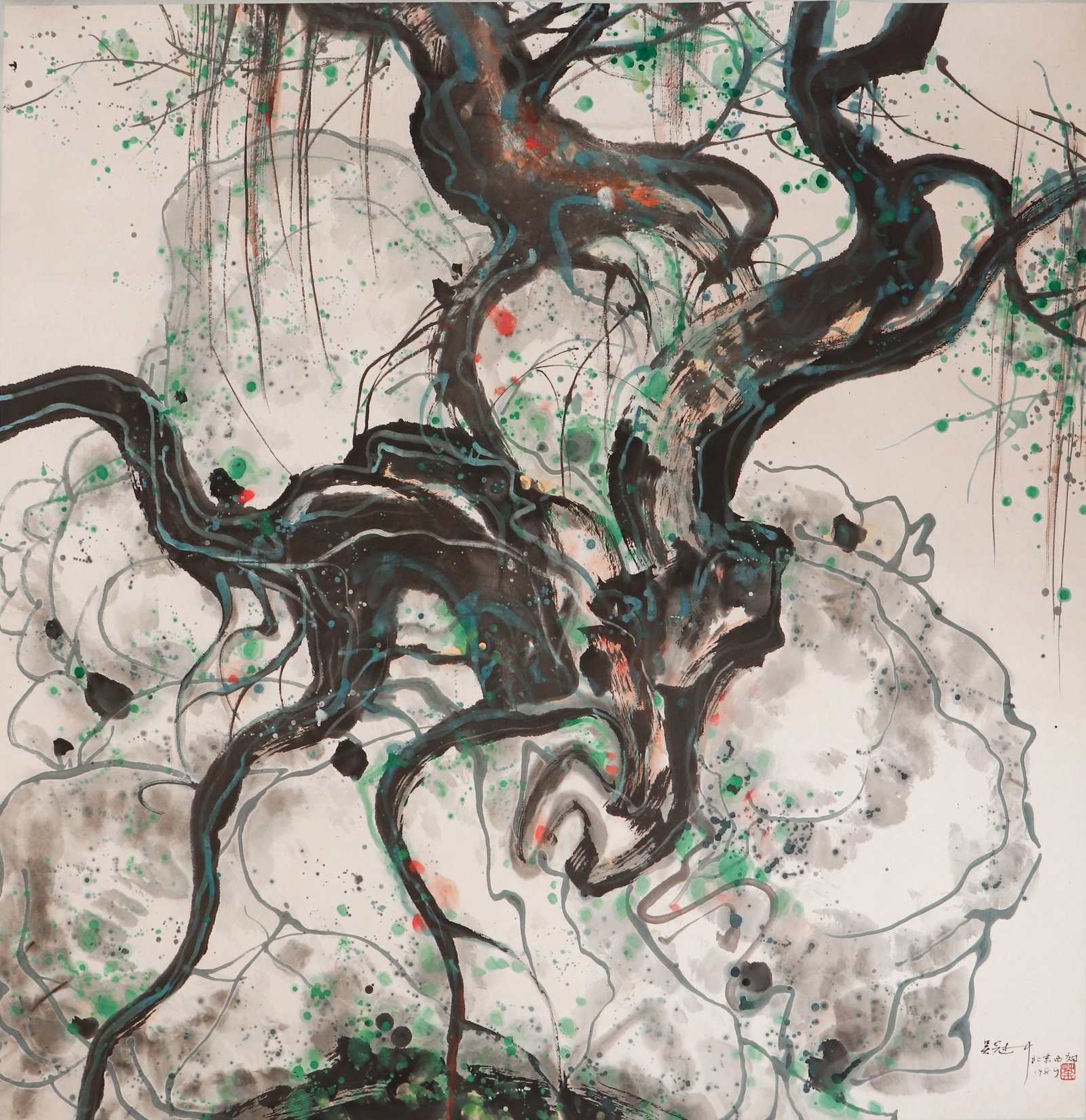 CHINESE INK TREE BY WU GUANZHONG: CHINESE INK TREE BY WU GUANZHONG This striking ink-and-color painting, measuring 122 x 122 cm, is a dynamic work by Wu Guanzhong (1919–2010), one of 20th-century China’s most innovative artists. E