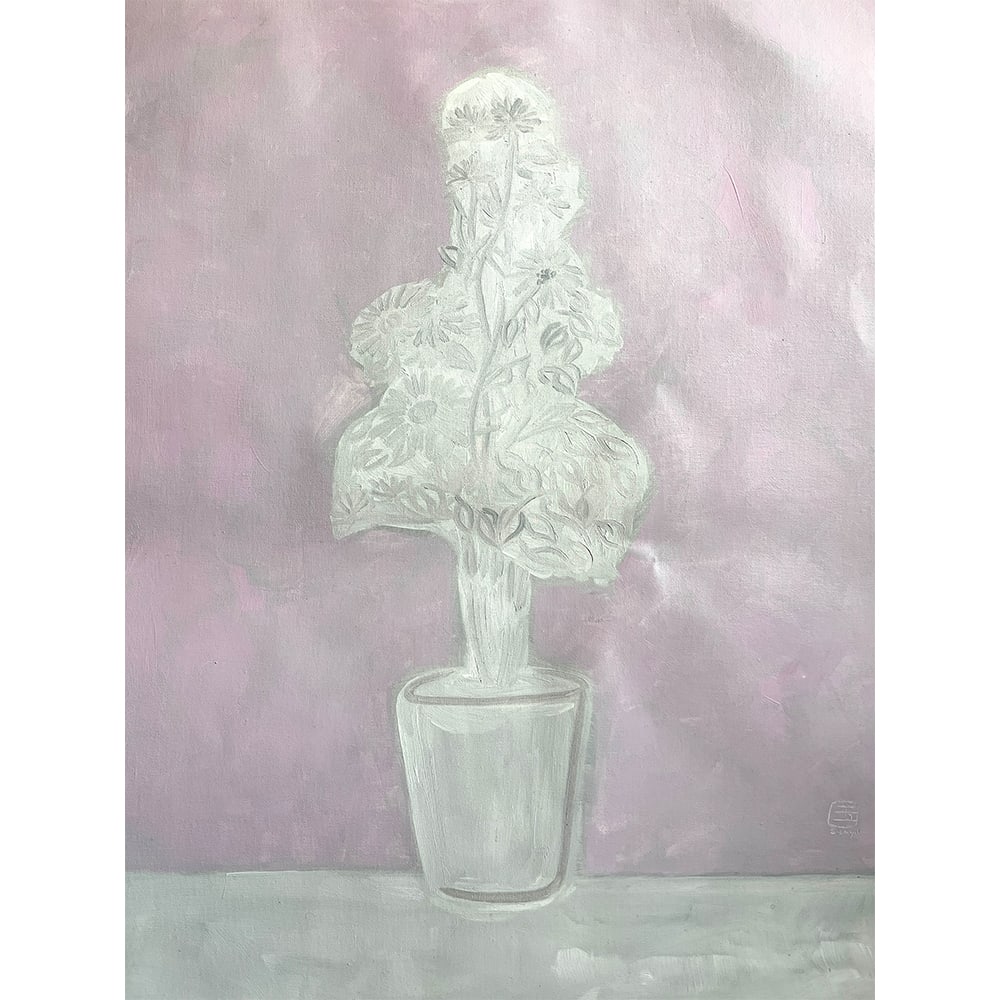 VASE BLANC, FLEURS BLANCHES, FOND ROSE SIGNED SANYU (1 of 6)