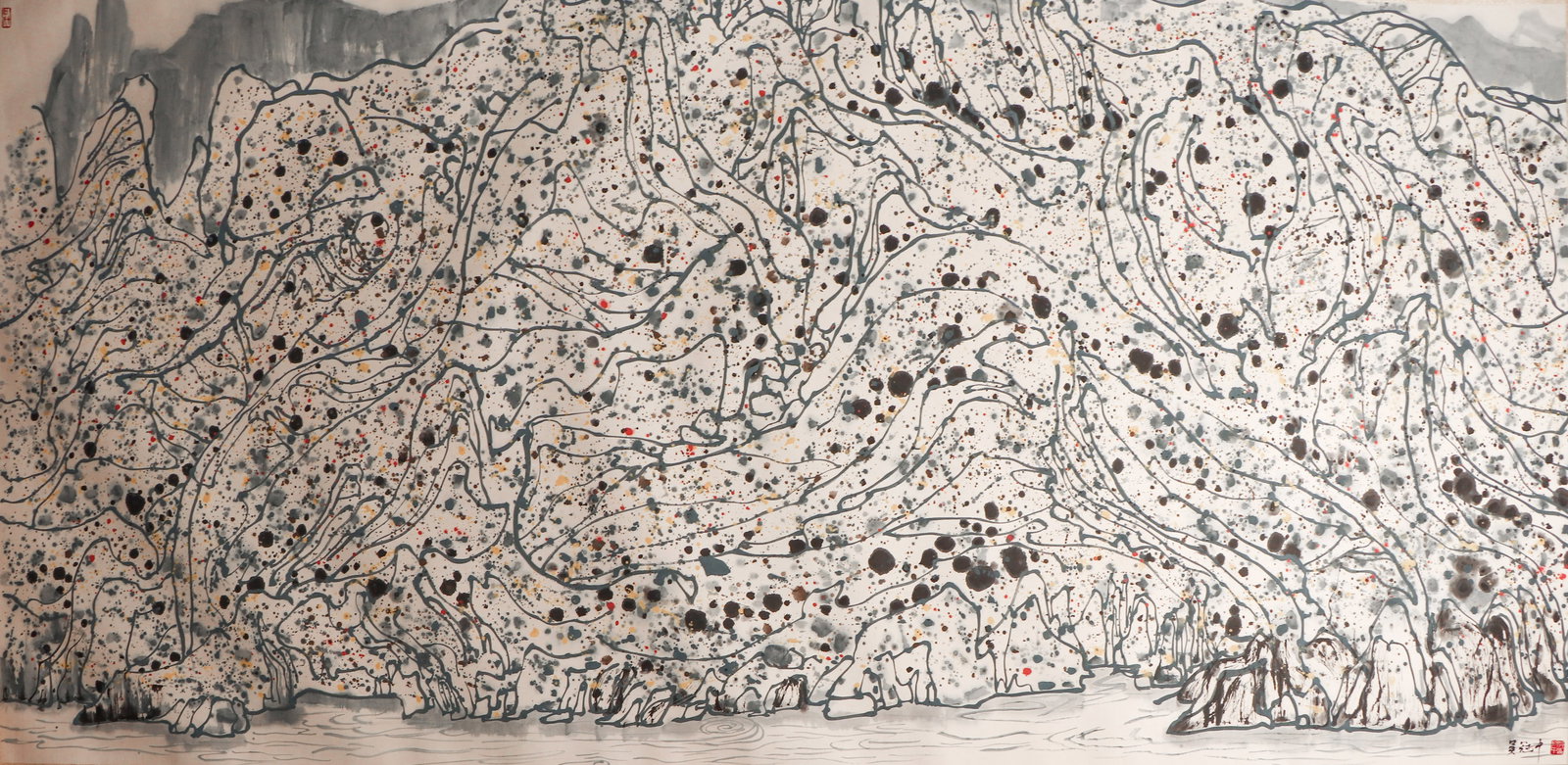 CHINESE MOUNTAIN LANDSCAPE BY WU GUANZHONG: CHINESE MOUNTAIN LANDSCAPE BY WU GUANZHONG This monumental ink-and-color painting, measuring 245 x 120 cm, is a pioneering work by Wu Guanzhong (1919–2010), one of 20th-century China’s most influe