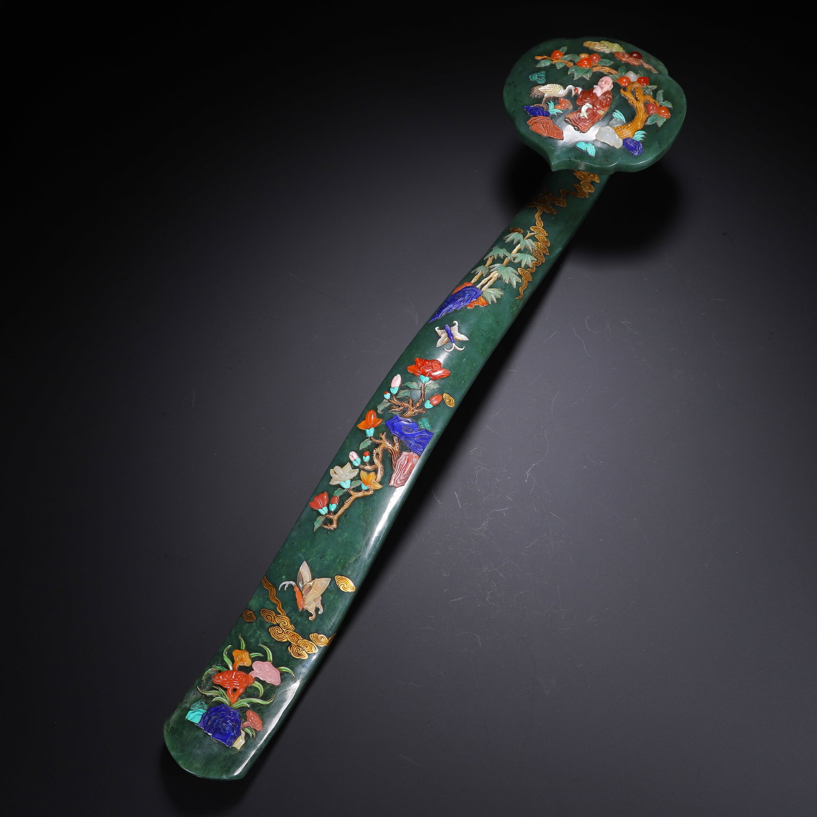 CHINESE SPINACH JADE INLAID RUYI SCEPTER (1 of 9)