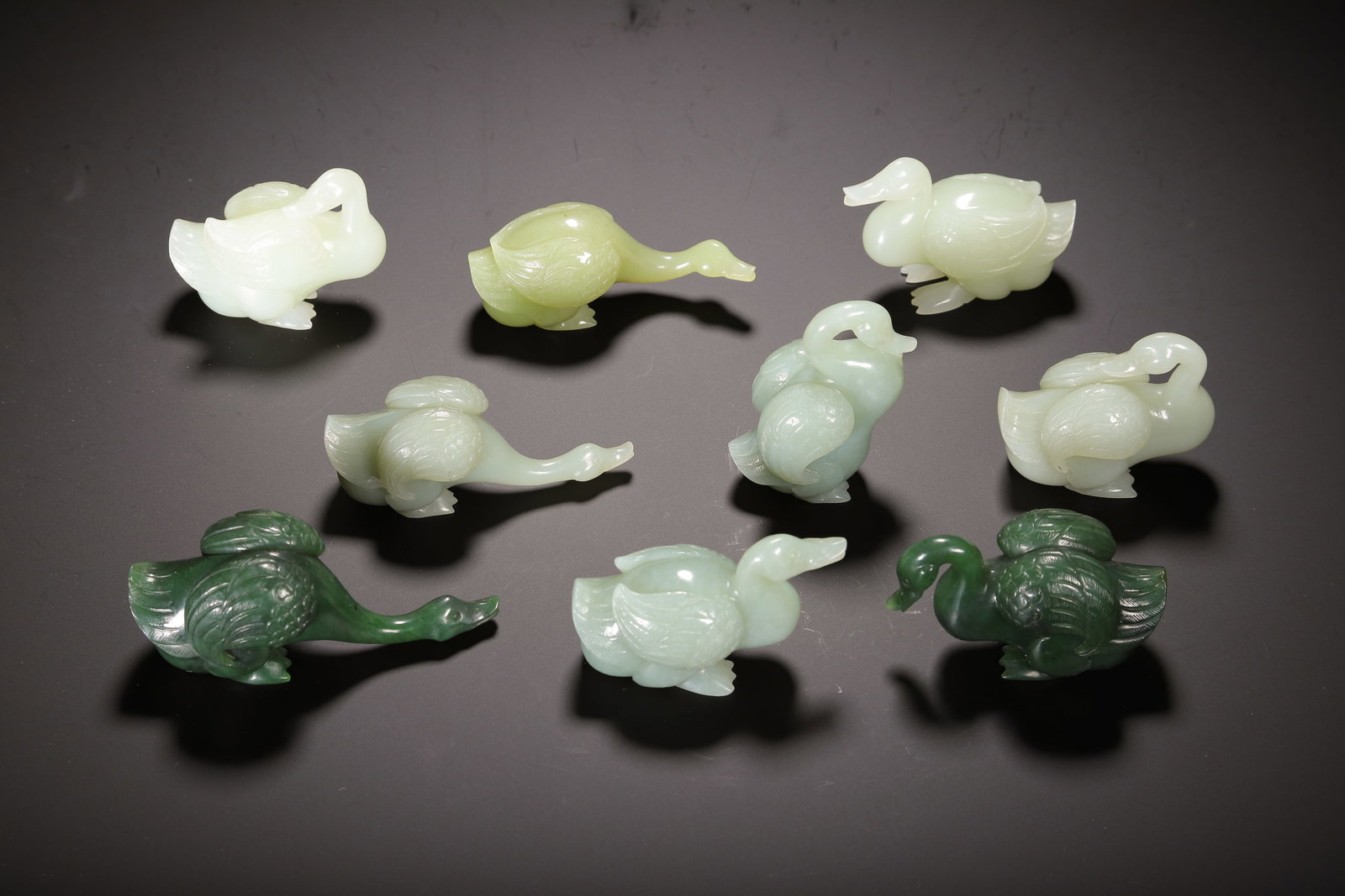 A SET OF CHINESE JADE GOOSE CARVINGS (1 of 9)