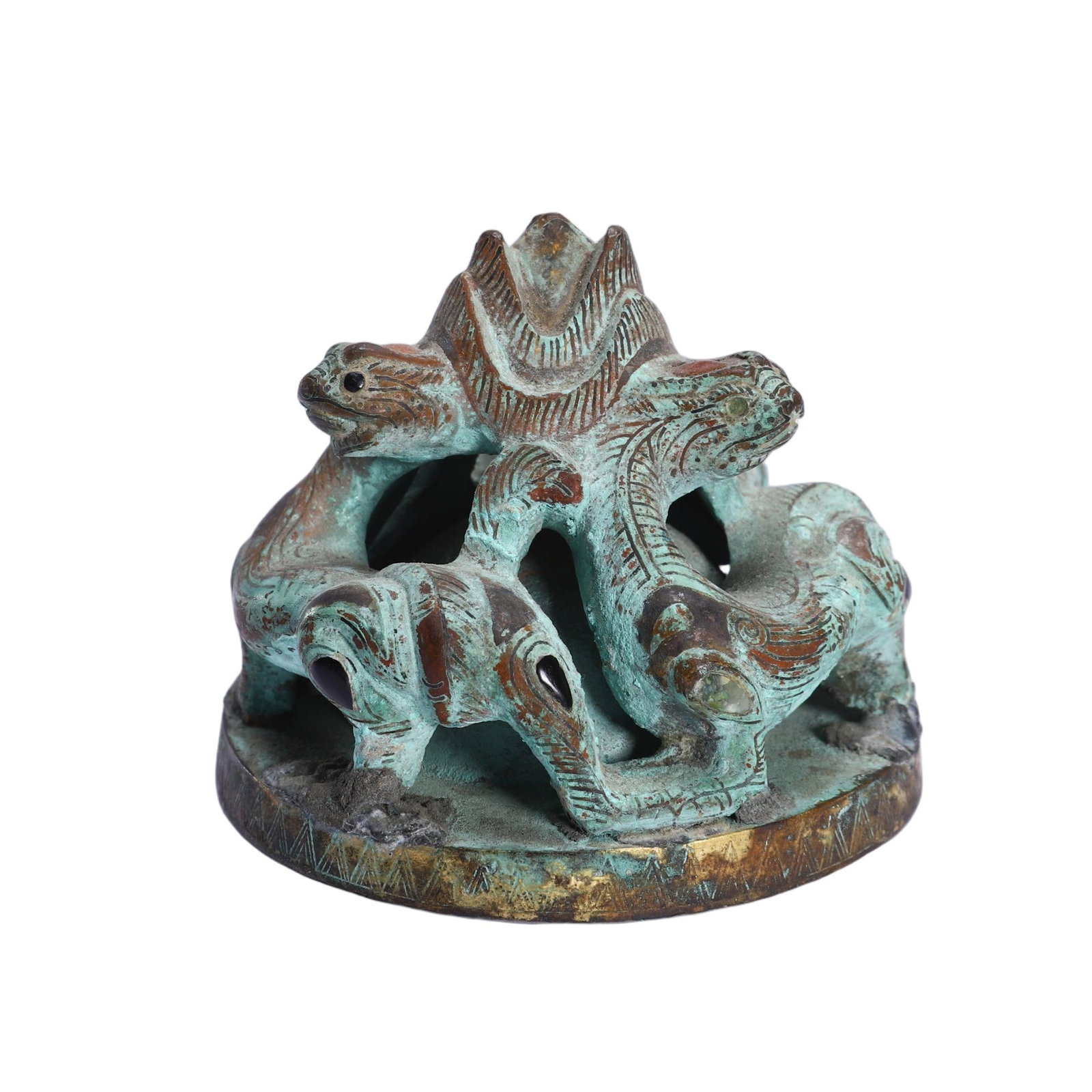 CHINESE BRONZE INLAID BEAST PAPERWEIGHT: CHINESE BRONZE INLAID BEAST PAPERWEIGHT A Chinese bronze inlaid paperweight, measuring 6.5 cm in length, 6.5 cm in width, and 5 cm in height. Crafted with openwork carving, it depicts two intertwined