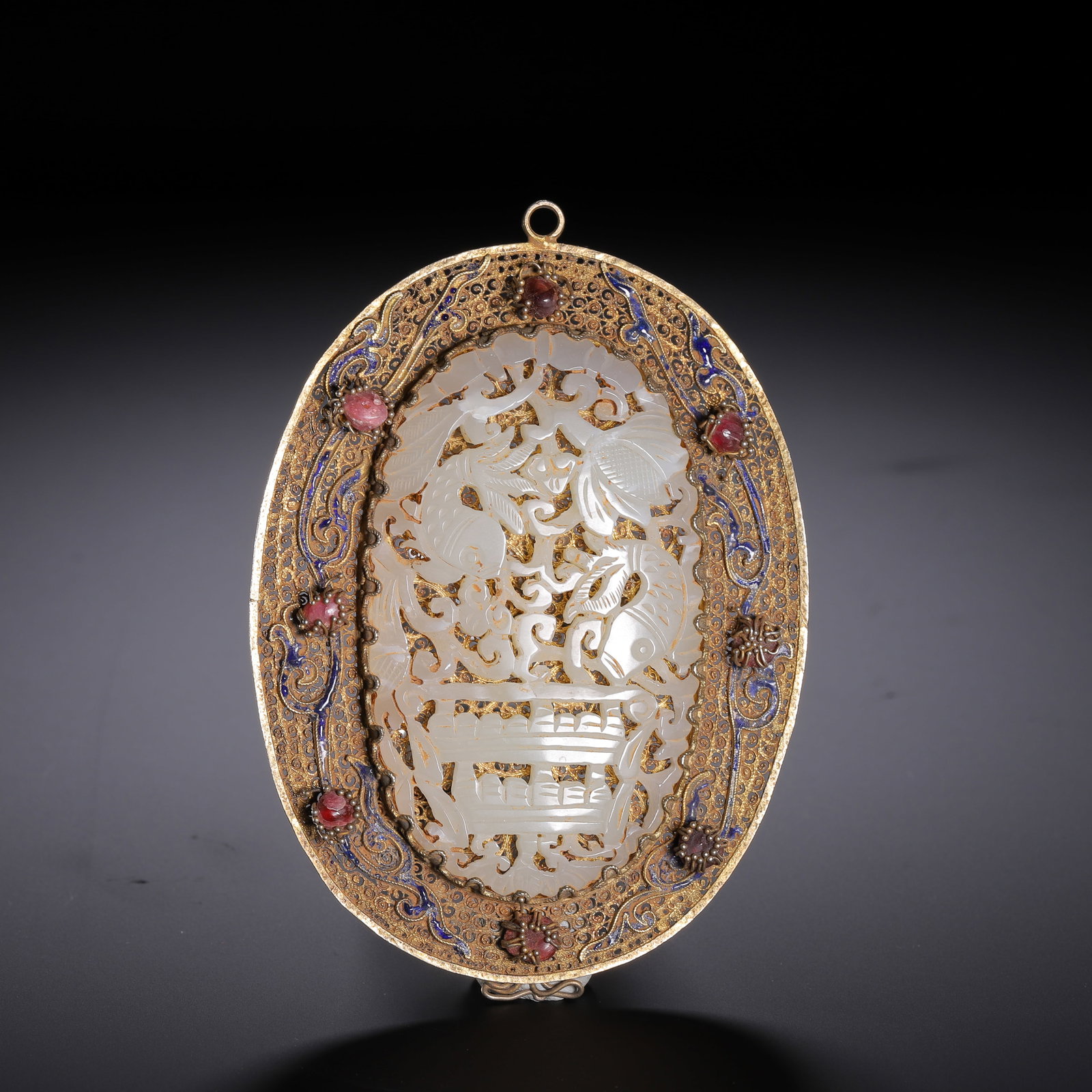 CHINESE GILT FILIGREE JADE PLAQUE WITH ENAMEL AND GEMSTONES (1 of 9)