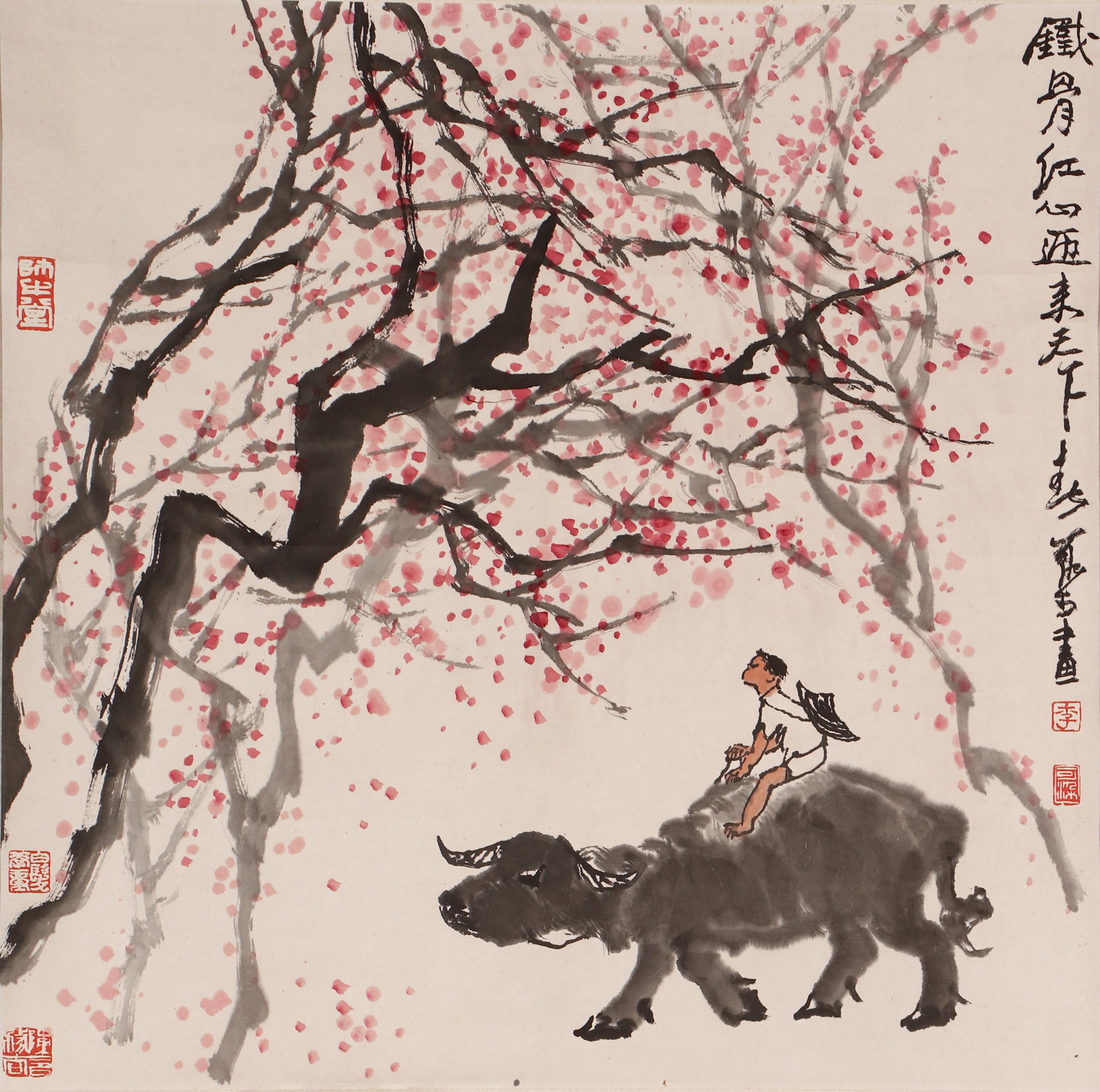 CHINESE BUFFALO BOY BY LI KERAN: CHINESE BUFFALO BOY BY LI KERAN This charming ink-and-color square scroll by Li Keran (1907–1989), a giant of modern Chinese painting, depicts a young shepherd boy riding a sturdy buffalo beneath a