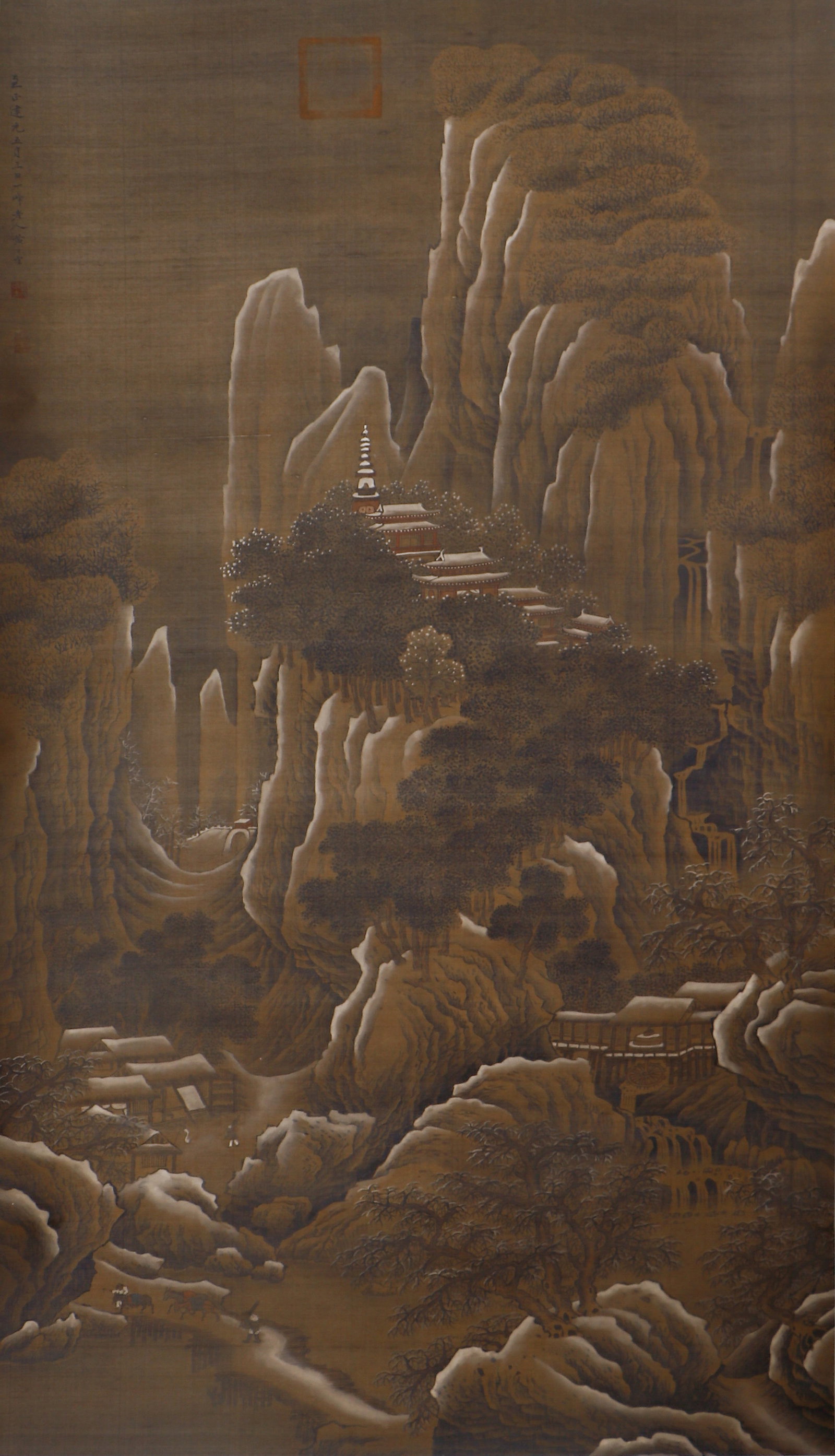 CHINESE MOUNTAIN LANDSCAPE BY HUANG GONGWANG: CHINESE MOUNTAIN LANDSCAPE BY HUANG GONGWANG This imposing vertical painting, measuring 181 x 102 cm, is a masterwork by Huang Gongwang, a preeminent figure of Yuan Dynasty literati painting. Executed