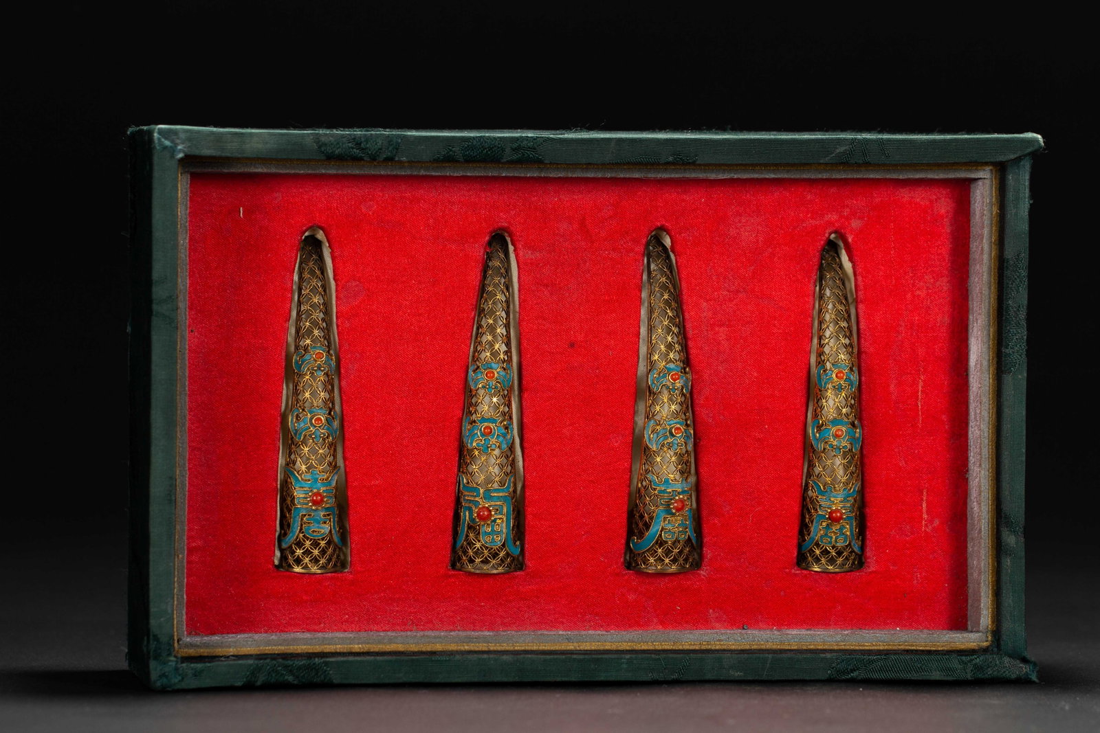 Set of Four Chinese Gilt Silver Filigree Nail Guards (1 of 7)