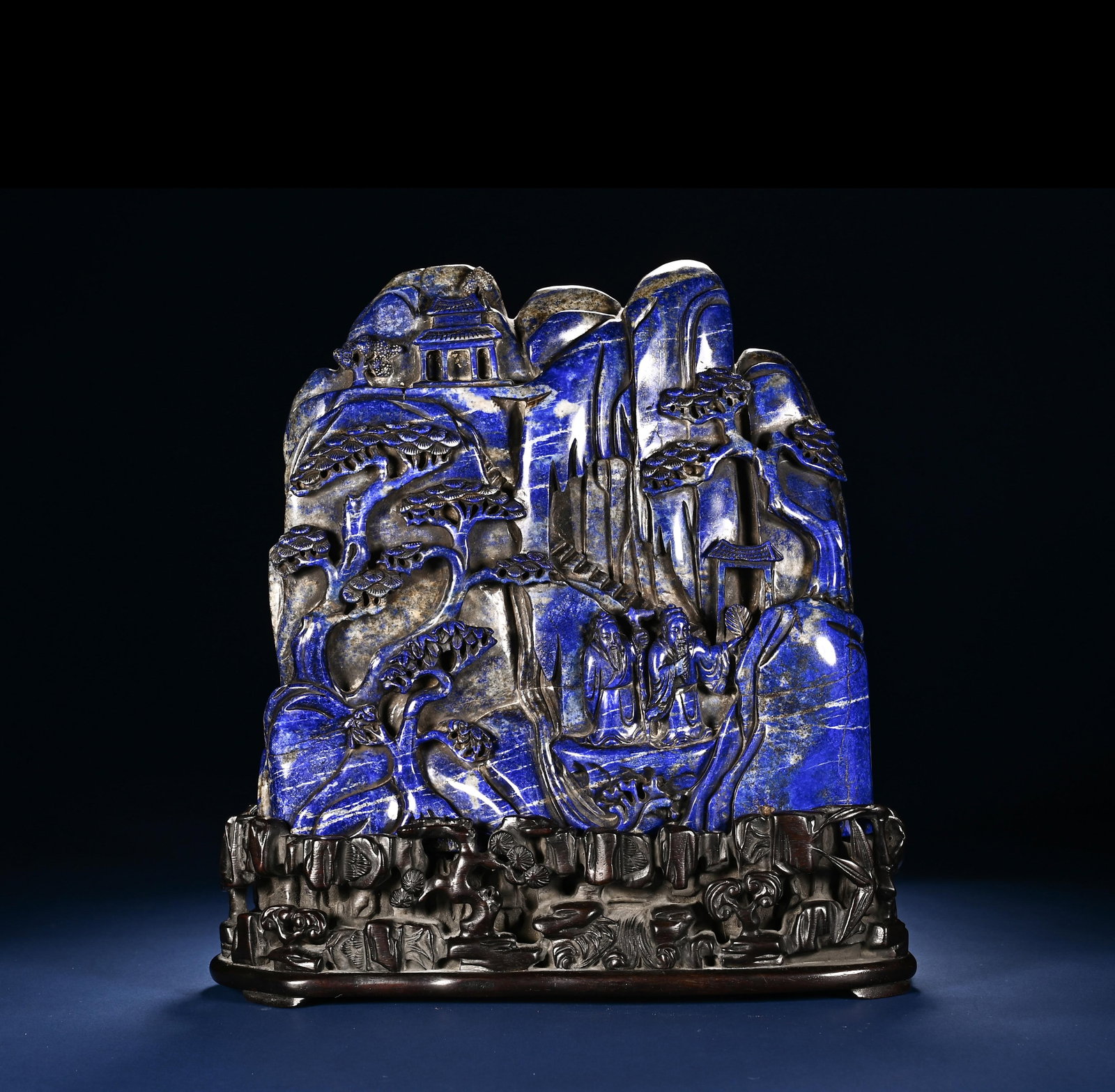 Chinese Lapis Lazuli Mountain Carving with Wooden Stand (1 of 10)