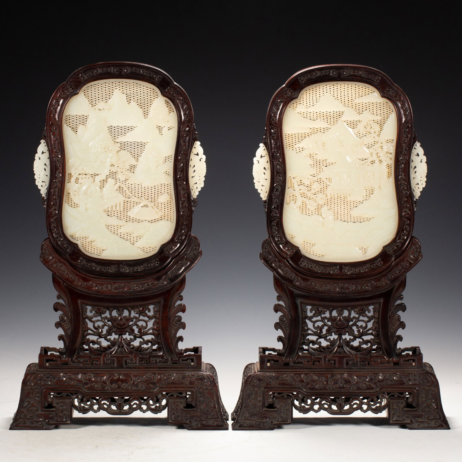 A Pair of Chinese Zitan and Hetian Jade Table Screens (1 of 10)