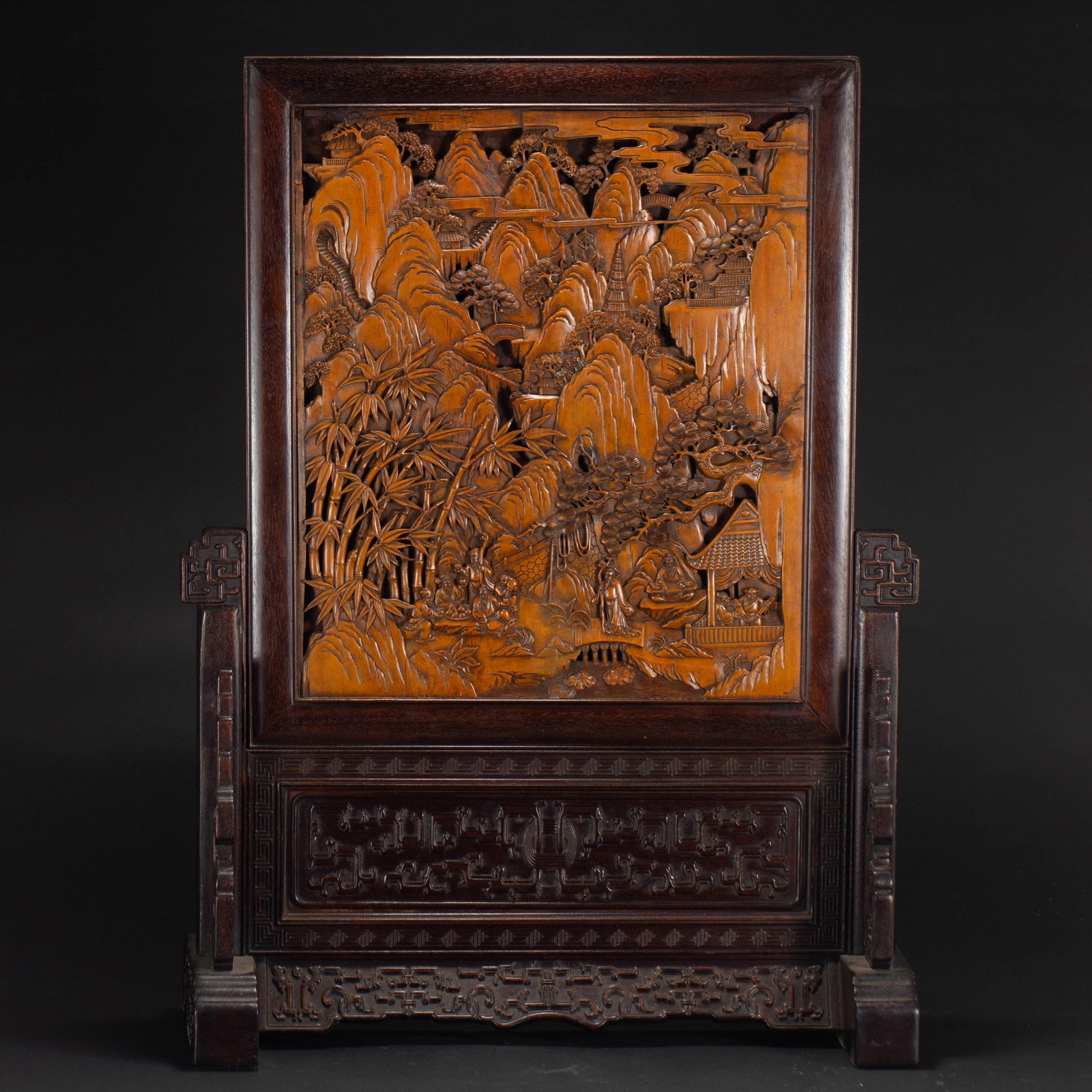 Chinese Sandalwood Landscape Table Screen with Wood Frame (1 of 10)
