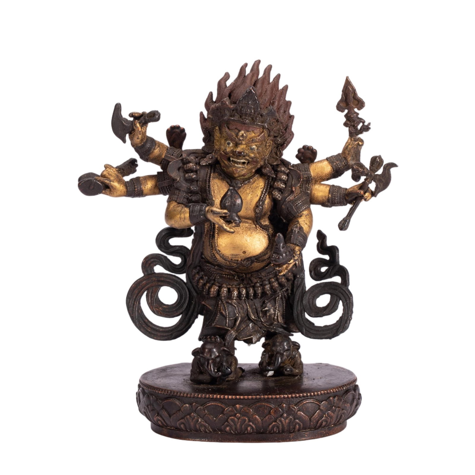 Chinese Gilt Bronze Statue of Six-Armed Mahakala: Chinese Gilt Bronze Statue of Six-Armed Mahakala This striking gilt bronze statue of the six-armed Mahakala measures 9.5 cm in length, 4.5 cm in width, 11 cm in height, and weighs 240 grams. The fierc