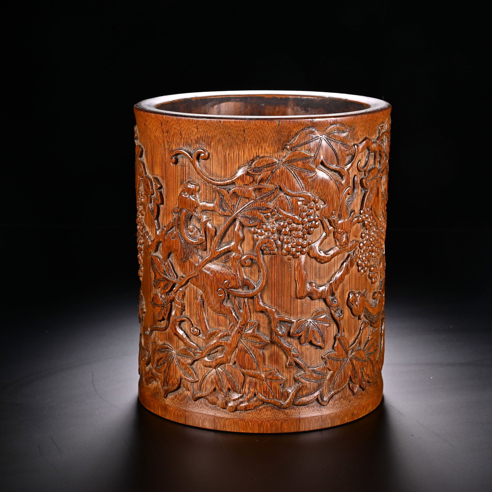Chinese Bamboo Carved Brush Pot with Squirrel and Grape Motif (1 of 8)