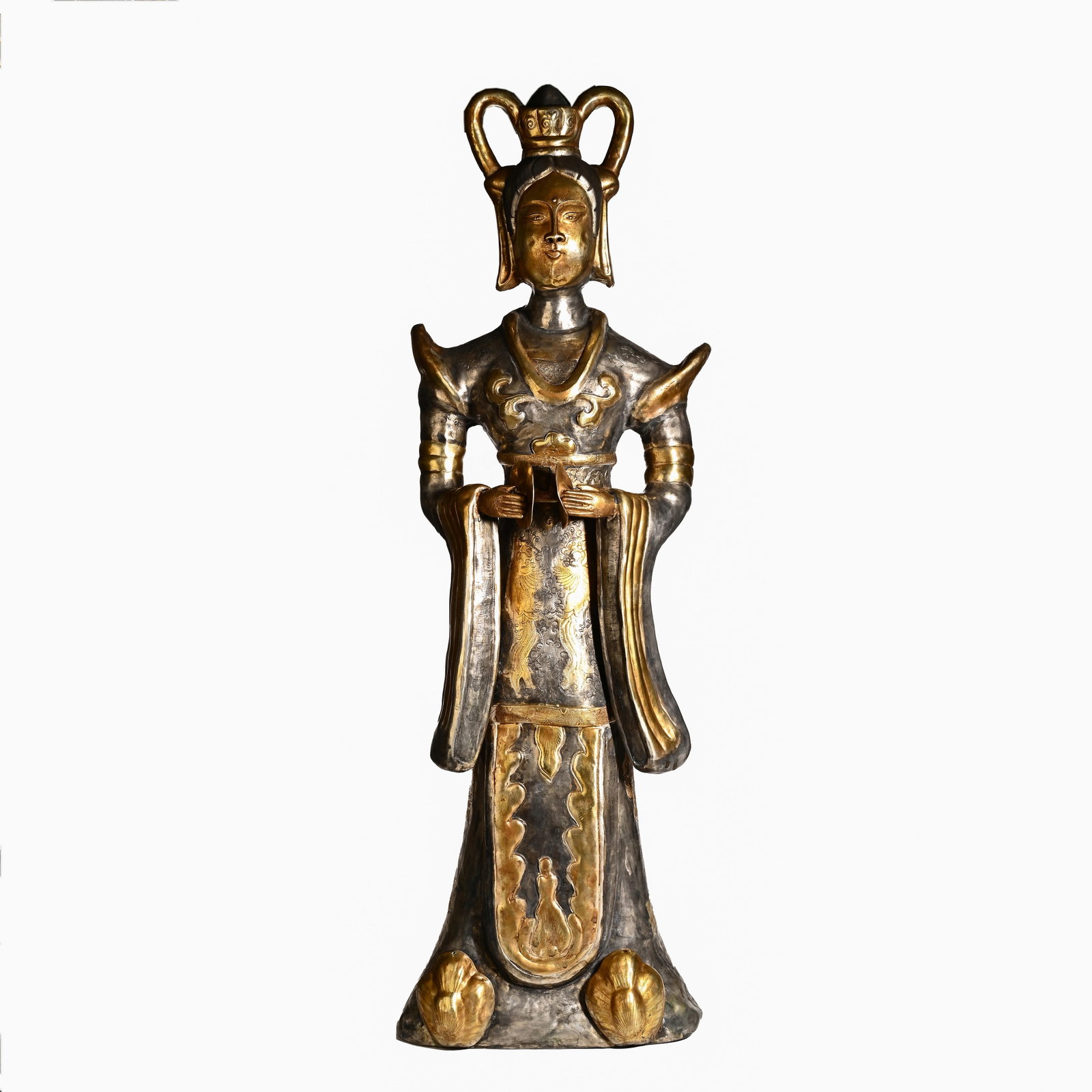 Chinese Silver and Gilt Bronze Attendant Statue (1 of 9)
