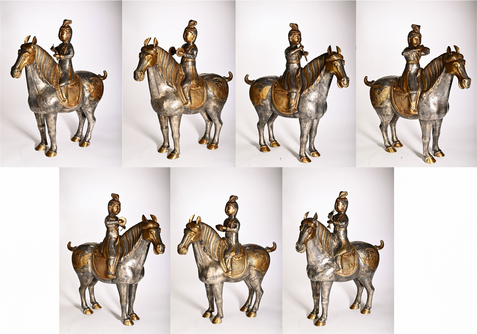 Set of Chinese Silver and Gilt Bronze Equestrian Musicians: Set of Chinese Silver and Gilt Bronze Equestrian Musicians This striking set of seven silver and gilt bronze equestrian figures measures 54 cm in height and 51 cm in width each. Each piece depicts a m