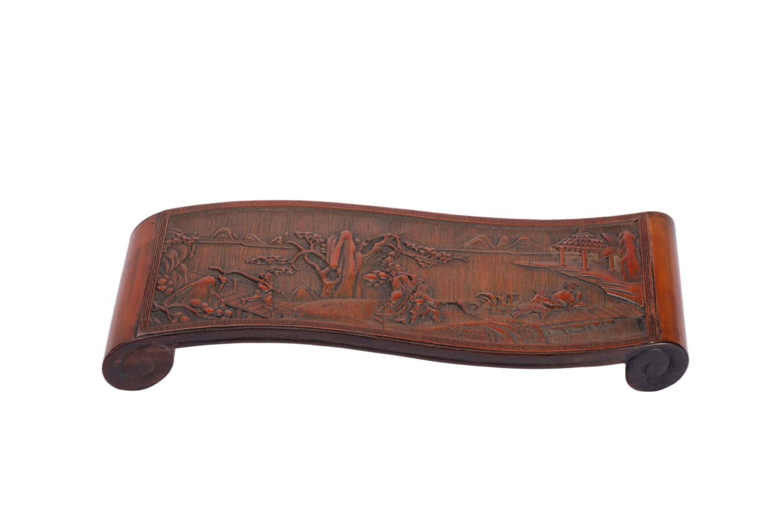 Chinese Carved Bamboo Arm Rest: Chinese Carved Bamboo Arm Rest This finely carved bamboo arm rest, measuring 24.4 cm in length, 10 cm in width, 2.8 cm in height, and weighing 130 grams, is shaped like a traditional scroll. The