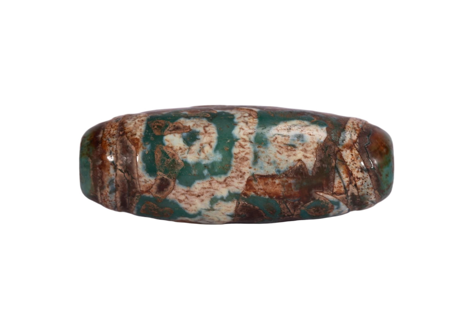 Chinese Green Patterned Dzi Bead: Chinese Green Patterned Dzi Bead This striking dzi bead measures 4.5 cm in length and weighs 20 grams. The elongated stone bead displays a vibrant turquoise-green base, interspersed with natural brown