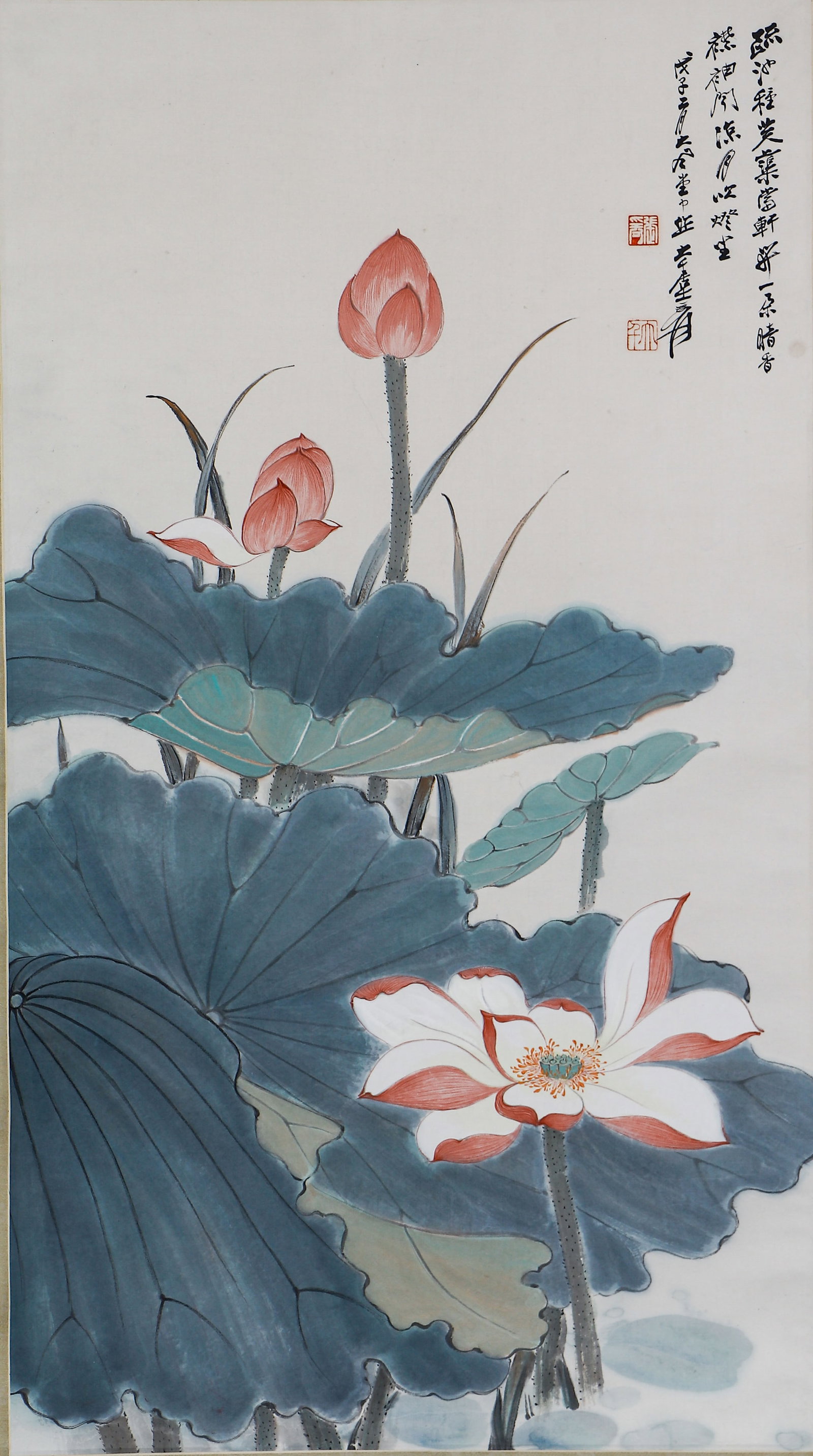 A CHINESE PAINTING OF LOTUS, SIGNED ZHANG DAQIAN: A CHINESE PAINTING OF LOTUS, SIGNED ZHANG DAQIAN Ink and colour on paper, hanging scroll. Dated 1948, this elegant work features blooming and budding lotus flowers rendered in Zhang Daqian's