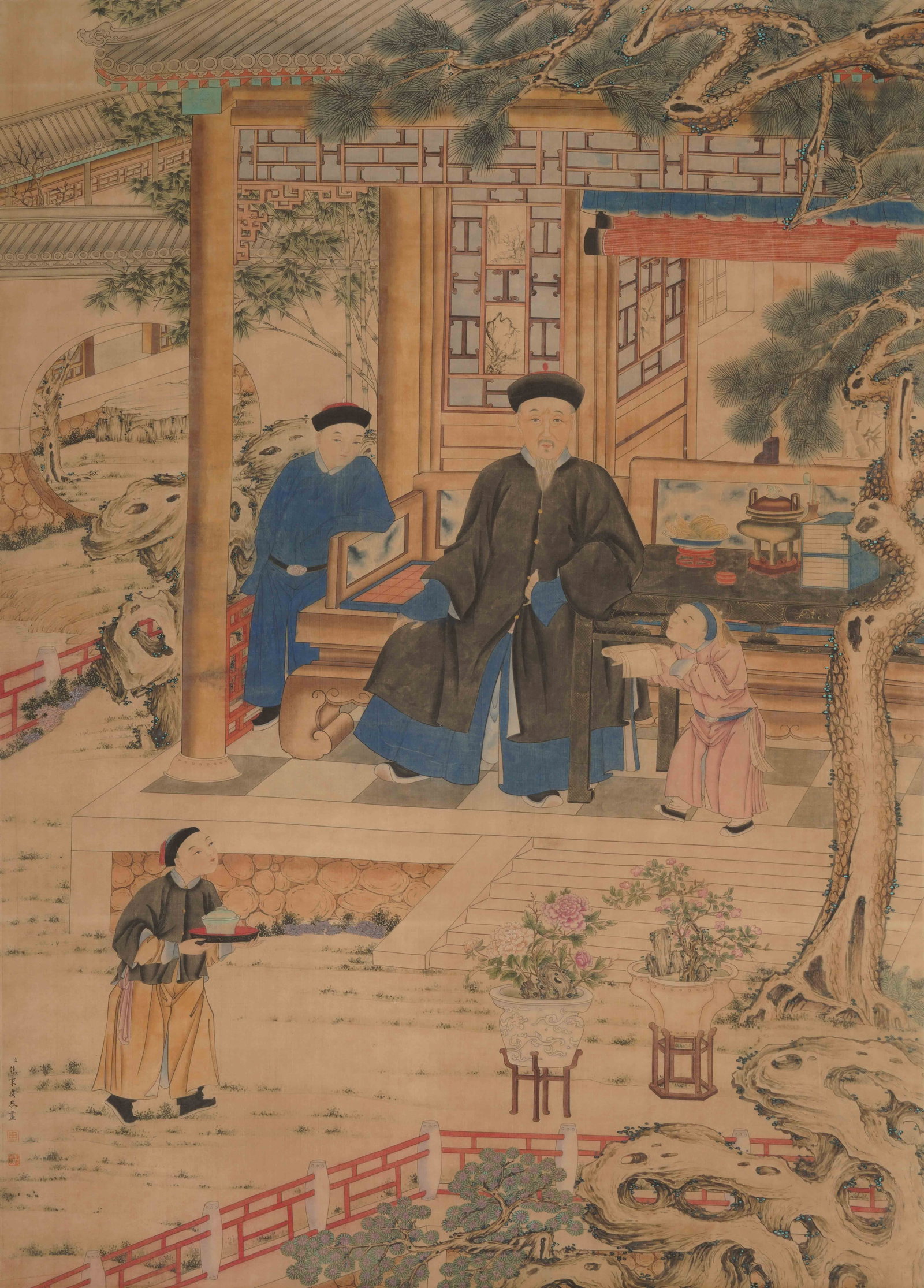 A CHINESE COURTYARD PORTRAIT, SIGNED JIAO BINGZHEN (1 of 7)