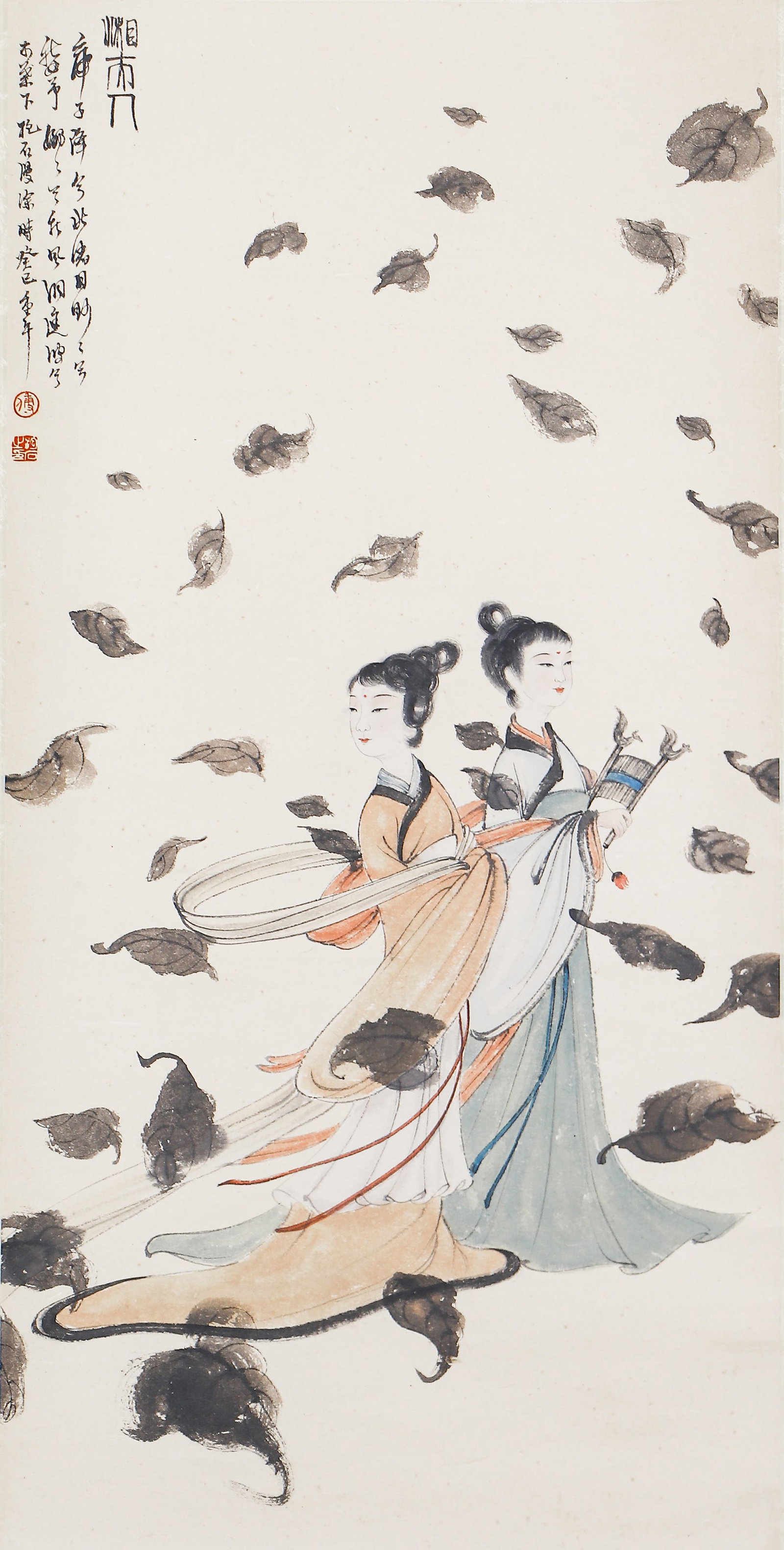 A CHINESE PAINTING OF FIGURES, SIGNED FU BAOSHI: A CHINESE PAINTING OF FIGURES, SIGNED FU BAOSHI Ink and colour on paper, hanging scroll. This work depicts the legendary Xiang River Goddesses, a signature subject of Fu Baoshi. His delicate brushwork