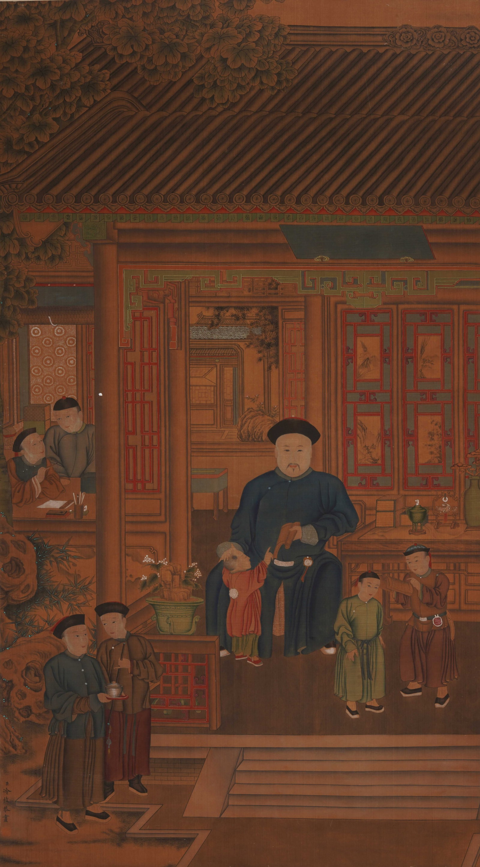 A CHINESE COURT SCENE PAINTING, SIGNED LENG MEI: A CHINESE COURT SCENE PAINTING, SIGNED LENG MEI Ink and colour on silk, hanging scroll. This work exemplifies Leng Mei's signature court portraiture style, depicting a Qing dynasty official seated in 