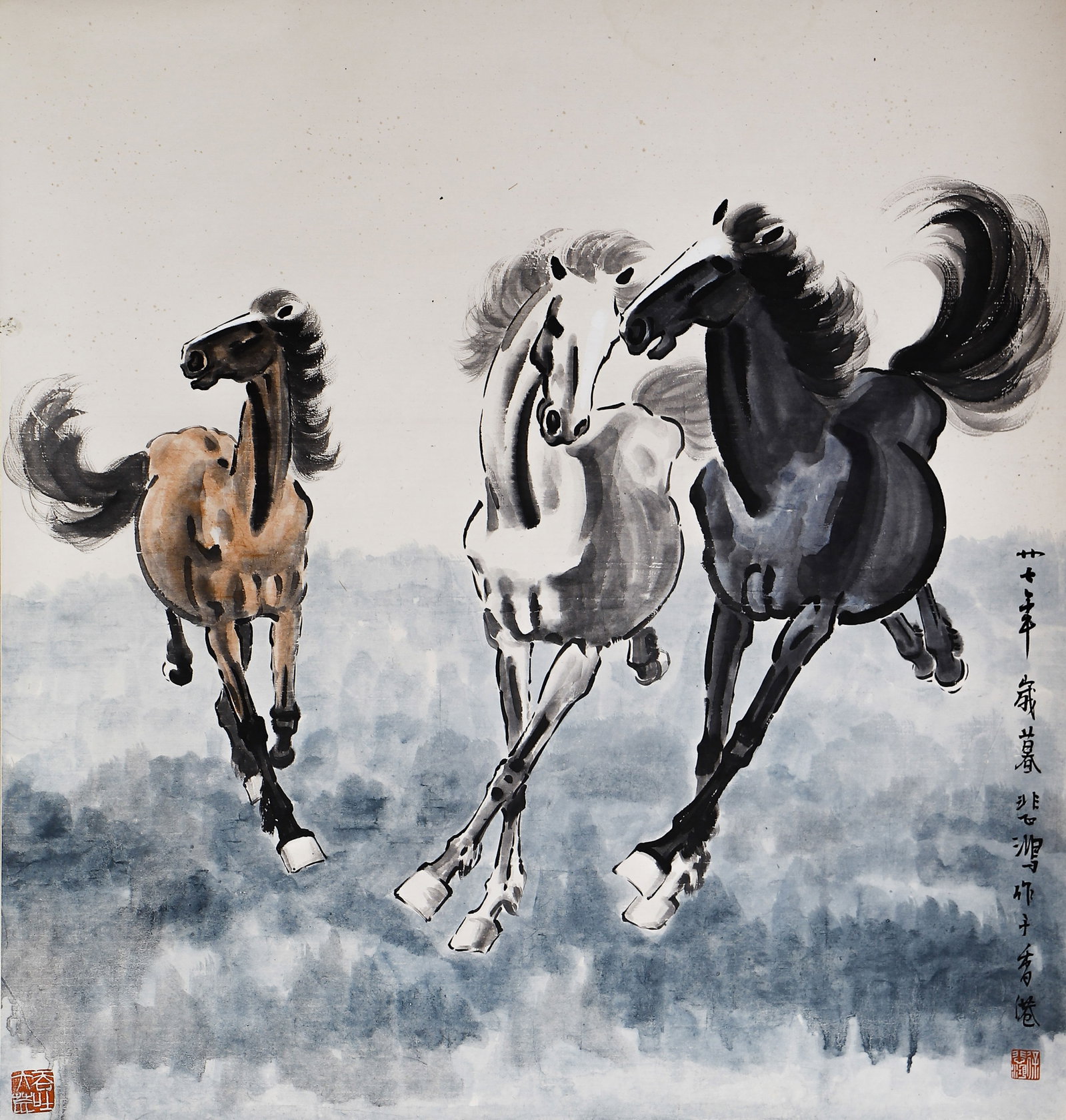 A CHINESE PAINTING OF HORSES, SIGNED XU BEIHONG: A CHINESE PAINTING OF HORSES, SIGNED XU BEIHONG Ink and colour on paper, mounted. Executed in 1948 in Hong Kong, this dynamic work captures three galloping horses in full stride, a signature subject o