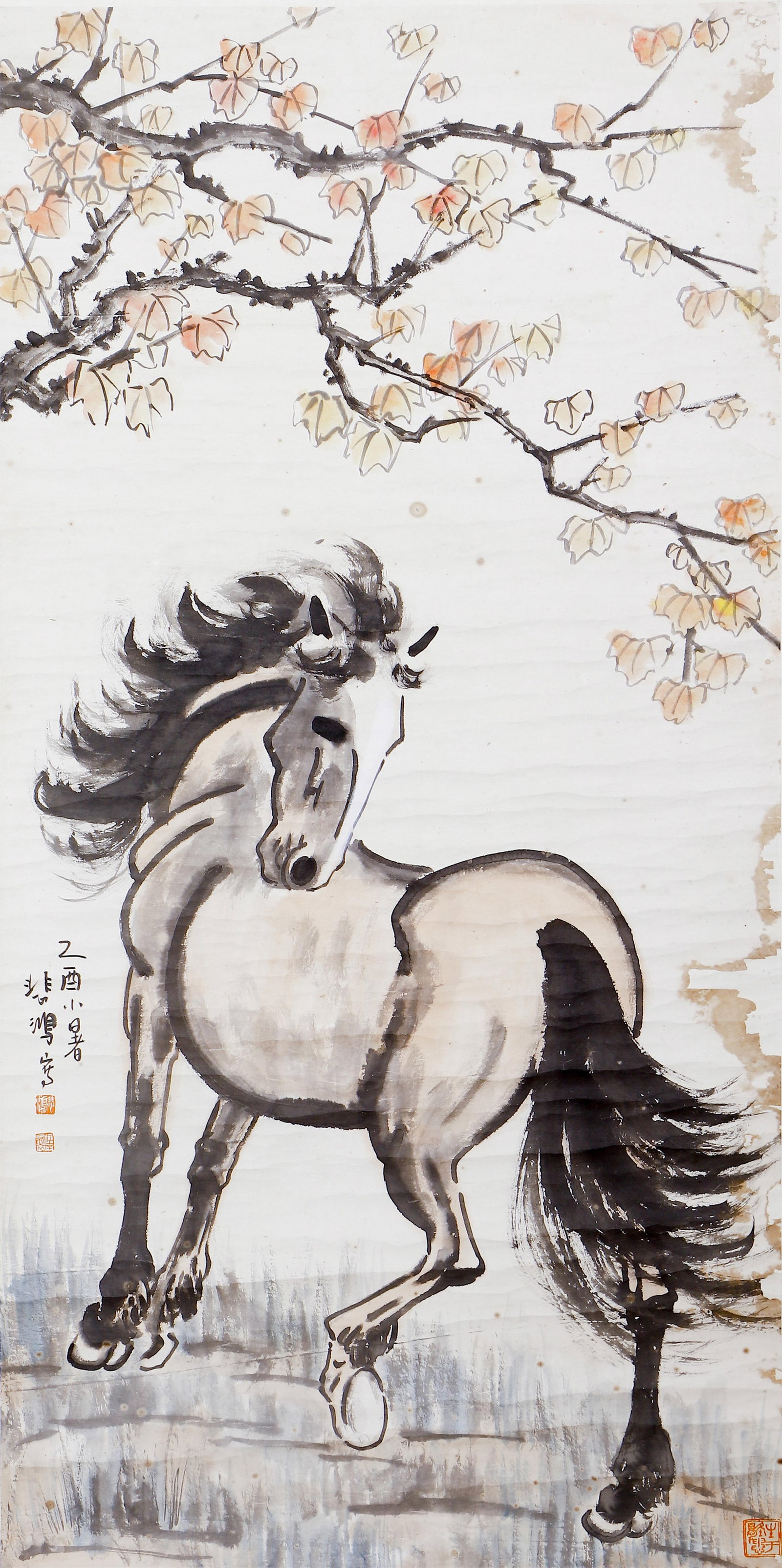 A CHINESE PAINTING OF A HORSE, SIGNED XU BEIHONG: A CHINESE PAINTING OF A HORSE, SIGNED XU BEIHONG Ink and colour on paper, hanging scroll. Dated 1945, this work captures a spirited horse in motion, a signature subject of Xu Beihong. His bold, fluid 