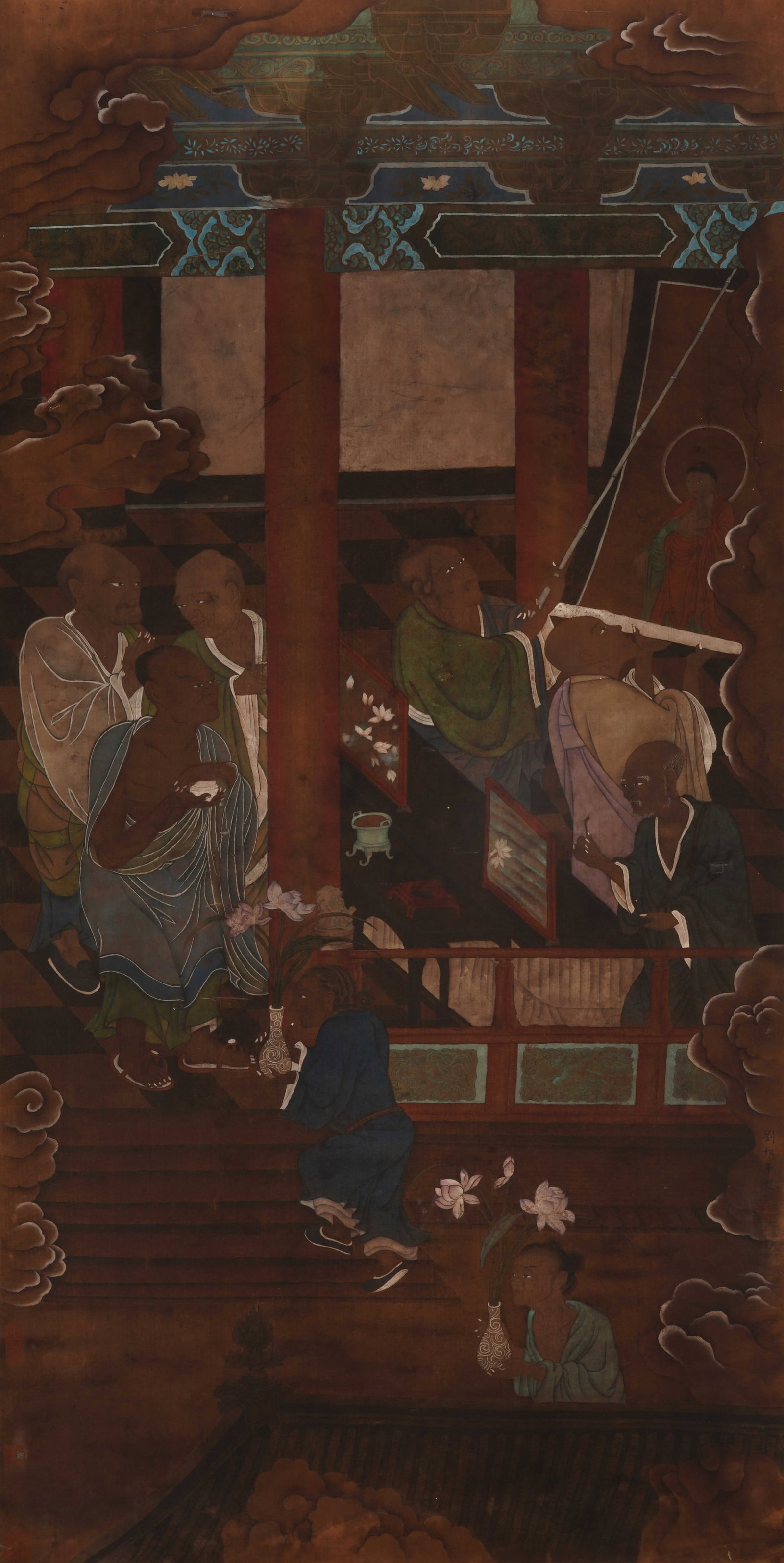 A CHINESE LUOHAN PAINTING, SIGNED LIU SONGNIAN: A CHINESE LUOHAN PAINTING, SIGNED LIU SONGNIAN Ink and colour on silk, hanging scroll. This exquisite work depicts luohans (arhats) gathered in an ornate temple hall, engaged in devotional activities.