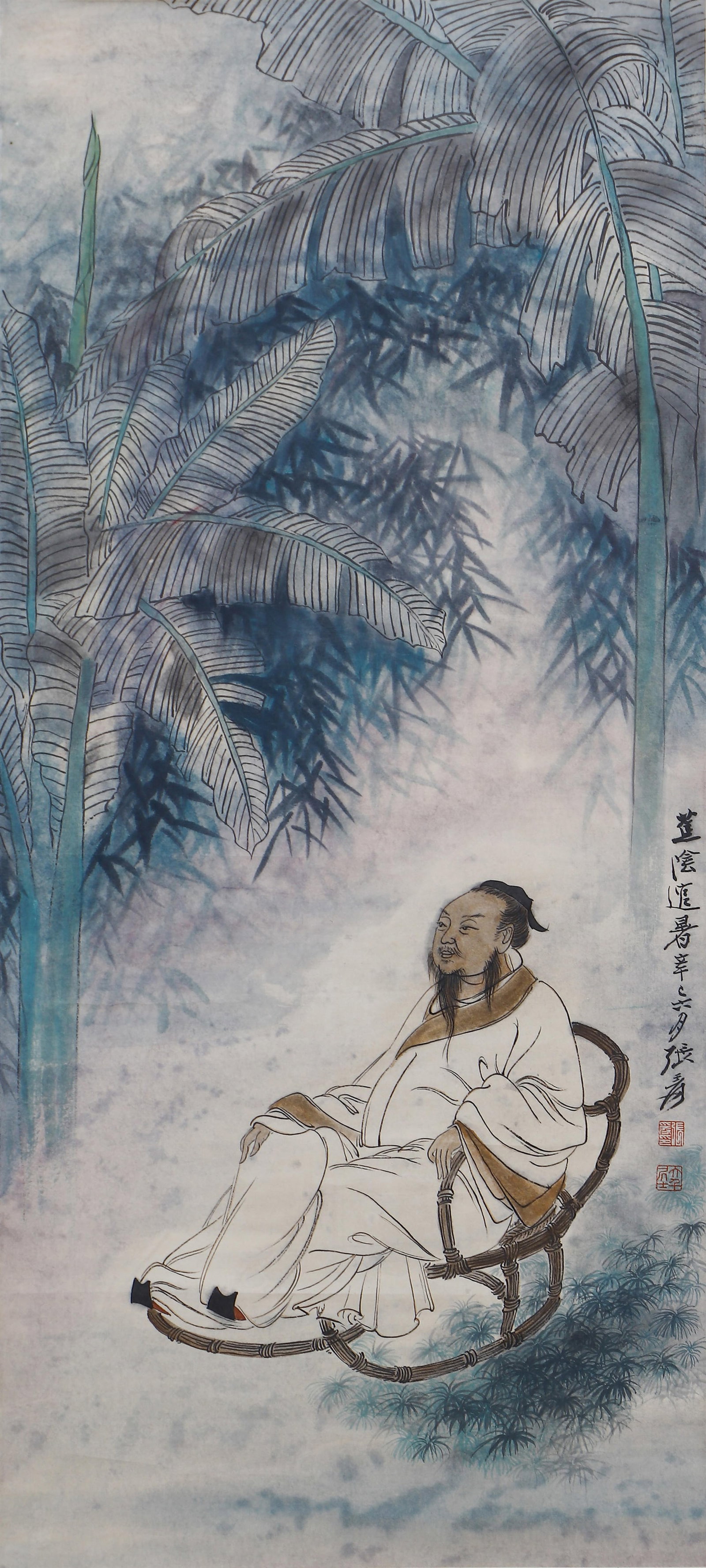 A CHINESE PAINTING OF SCHOLAR, SIGNED ZHANG DAQIAN: A CHINESE PAINTING OF SCHOLAR, SIGNED ZHANG DAQIAN Ink and colour on paper, hanging scroll. Dated 1941, this elegant work depicts a scholar relaxing in a bamboo chair beneath banana leaves and
