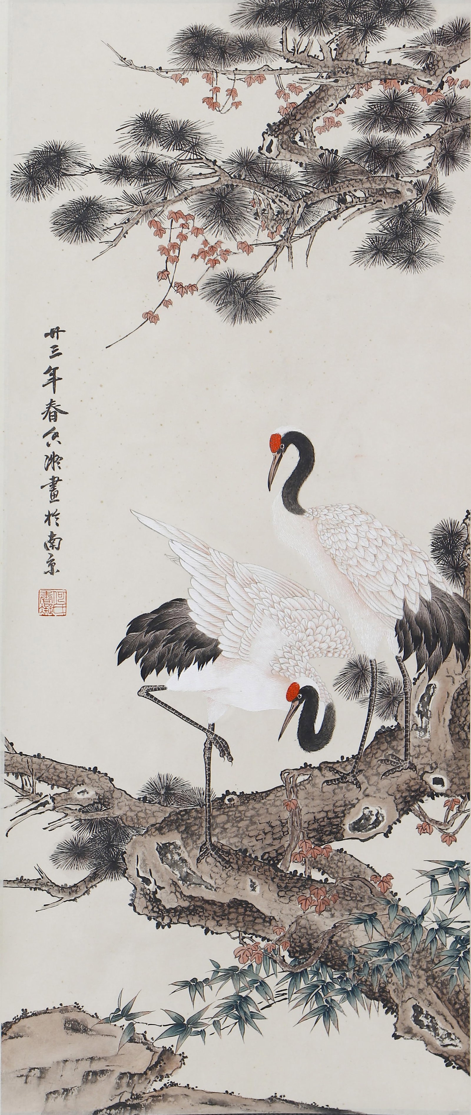 A CHINESE PAINTING OF CRANES, SIGNED HE XIANGNING: A CHINESE PAINTING OF CRANES, SIGNED HE XIANGNING Ink and colour on paper, hanging scroll. Painted in 1934 (the 23rd year of the Republic of China) in Nanjing, this elegant work depicts two